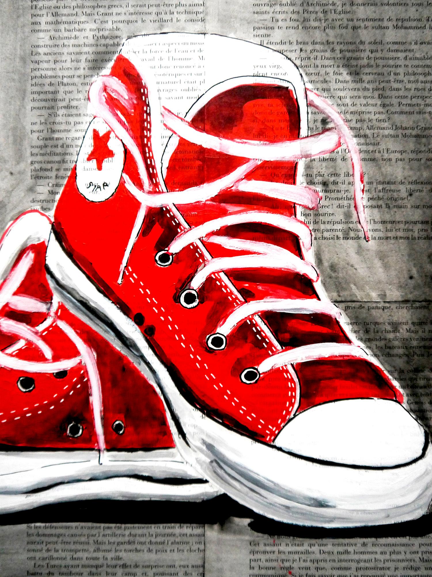 French School  - Red Converse shoes  - Oil Painting 21th Impressionist For Sale 1