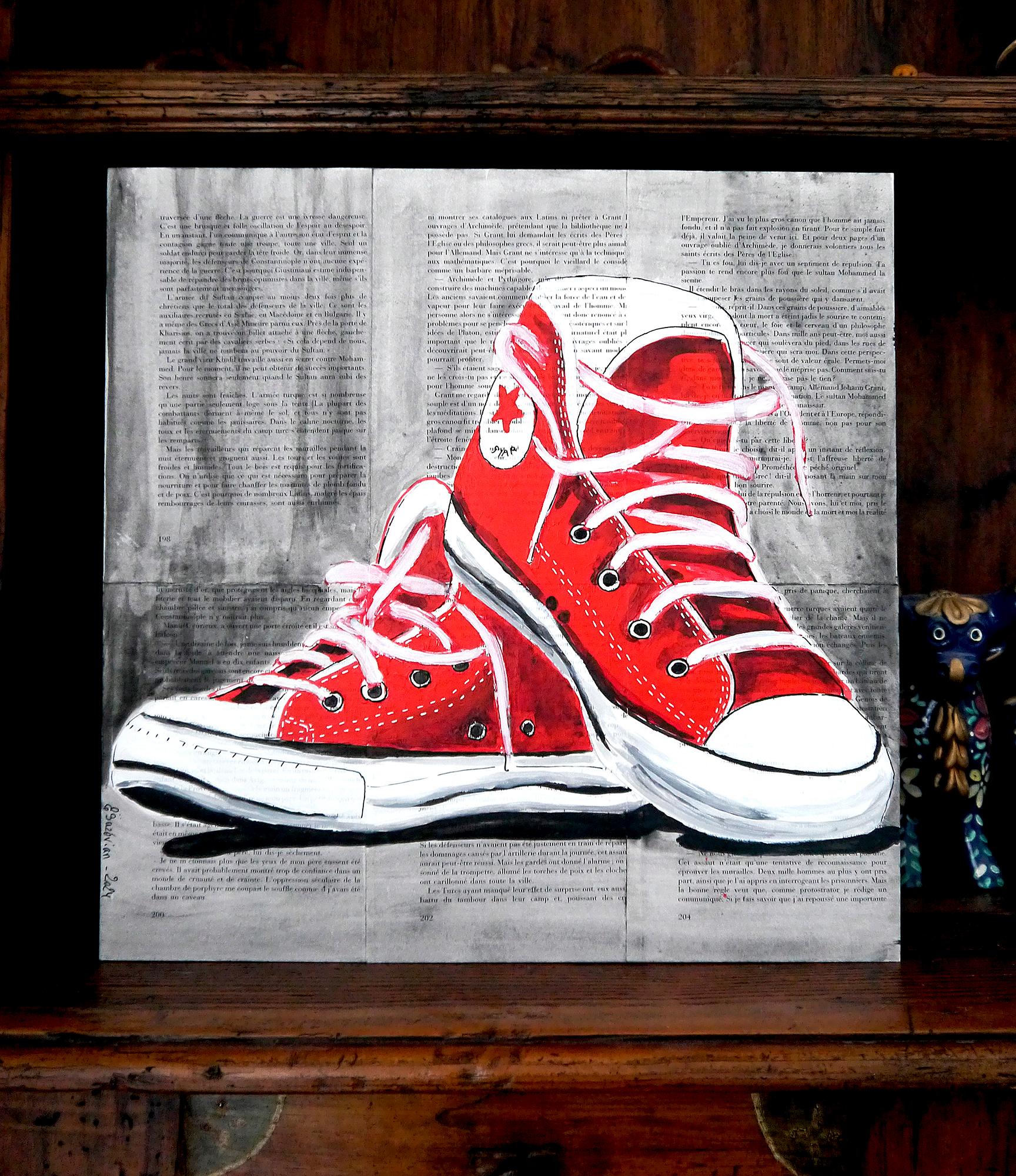 French School  - Red Converse shoes  - Oil Painting 21th Impressionist For Sale 2