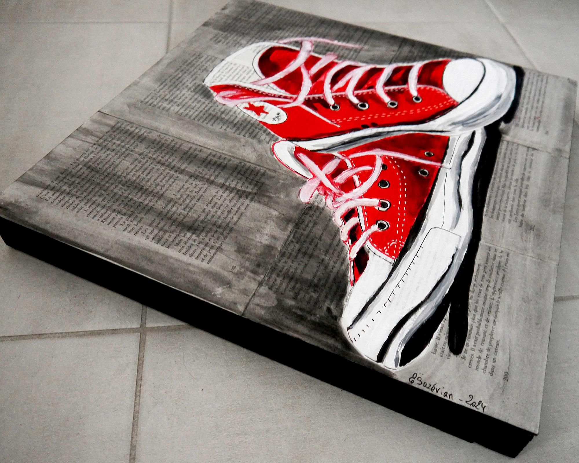 Französische Schule  - Rote Converse-Schuhe  Ölgemälde des 21. Impressionismus – Ölgemälde im Angebot 1