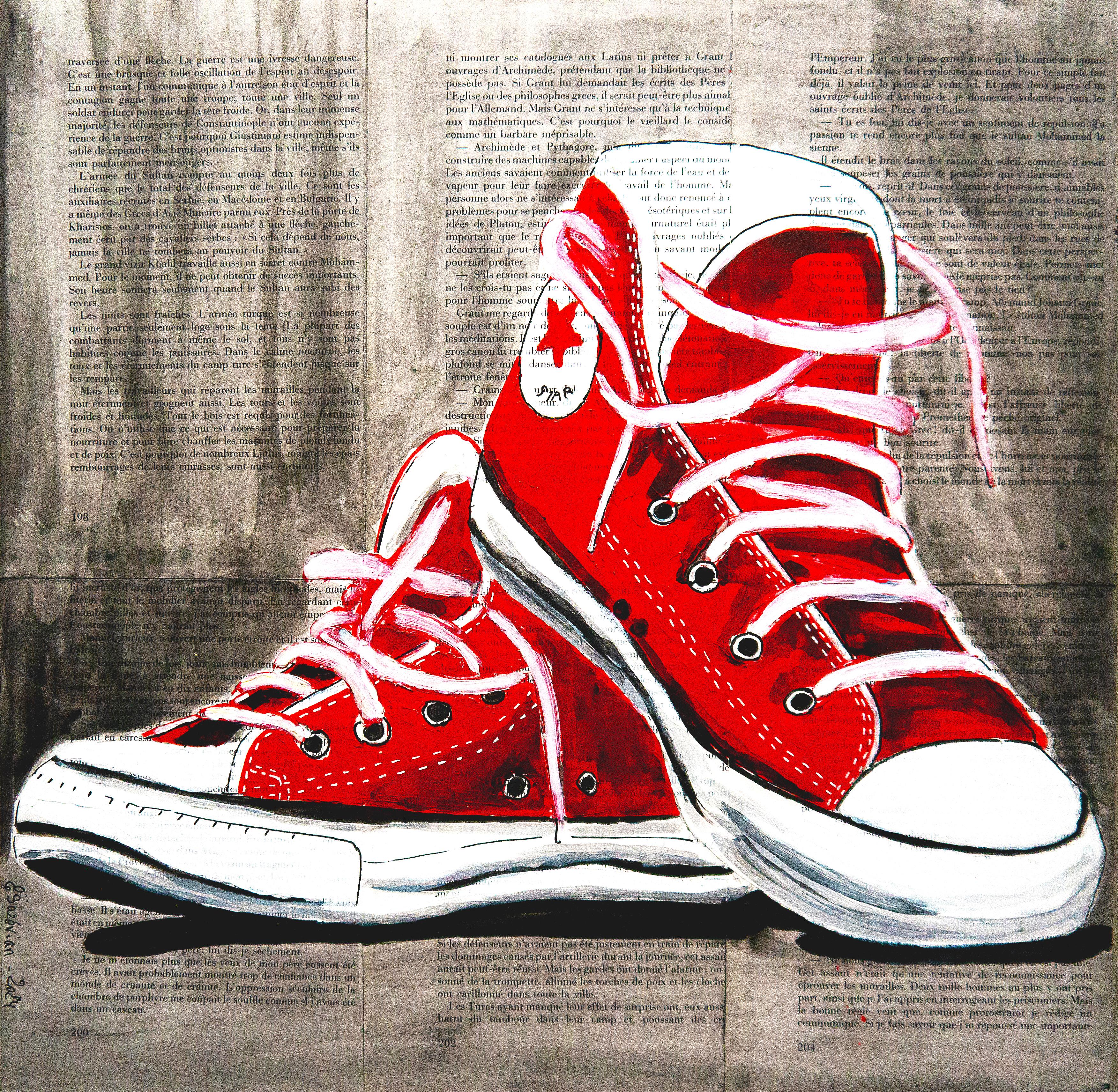 Bazevian DelaCapuciniere Still-Life Painting – Französische Schule  - Rote Converse-Schuhe  Ölgemälde des 21. Impressionismus – Ölgemälde
