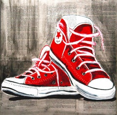 École française  - Chaussures conversées rouges  - Peinture à l'huile 21e impressionniste
