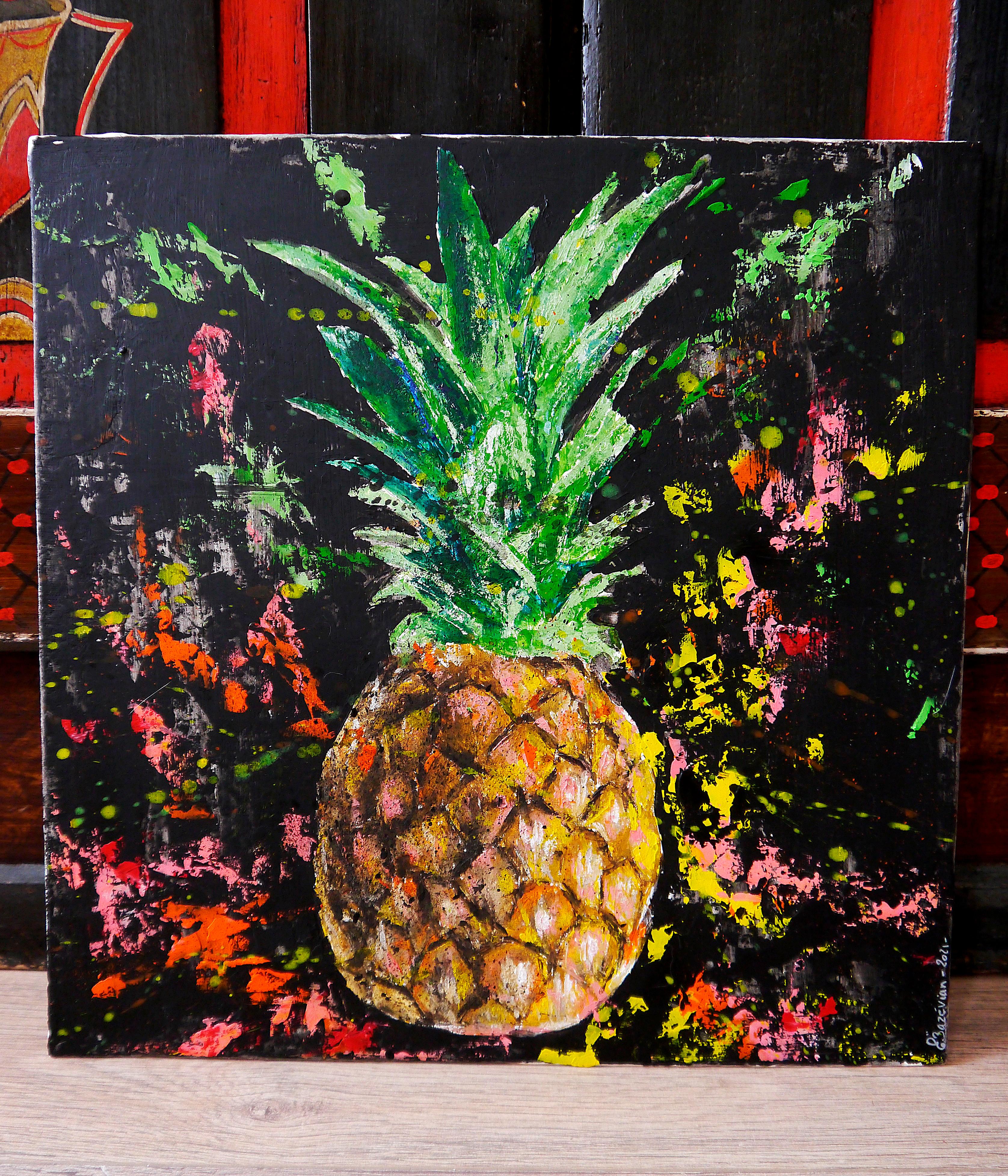 French School - Still Life Pineapple Starwars - Impressionist Pop - Black Figurative Painting by Bazevian DelaCapuciniere
