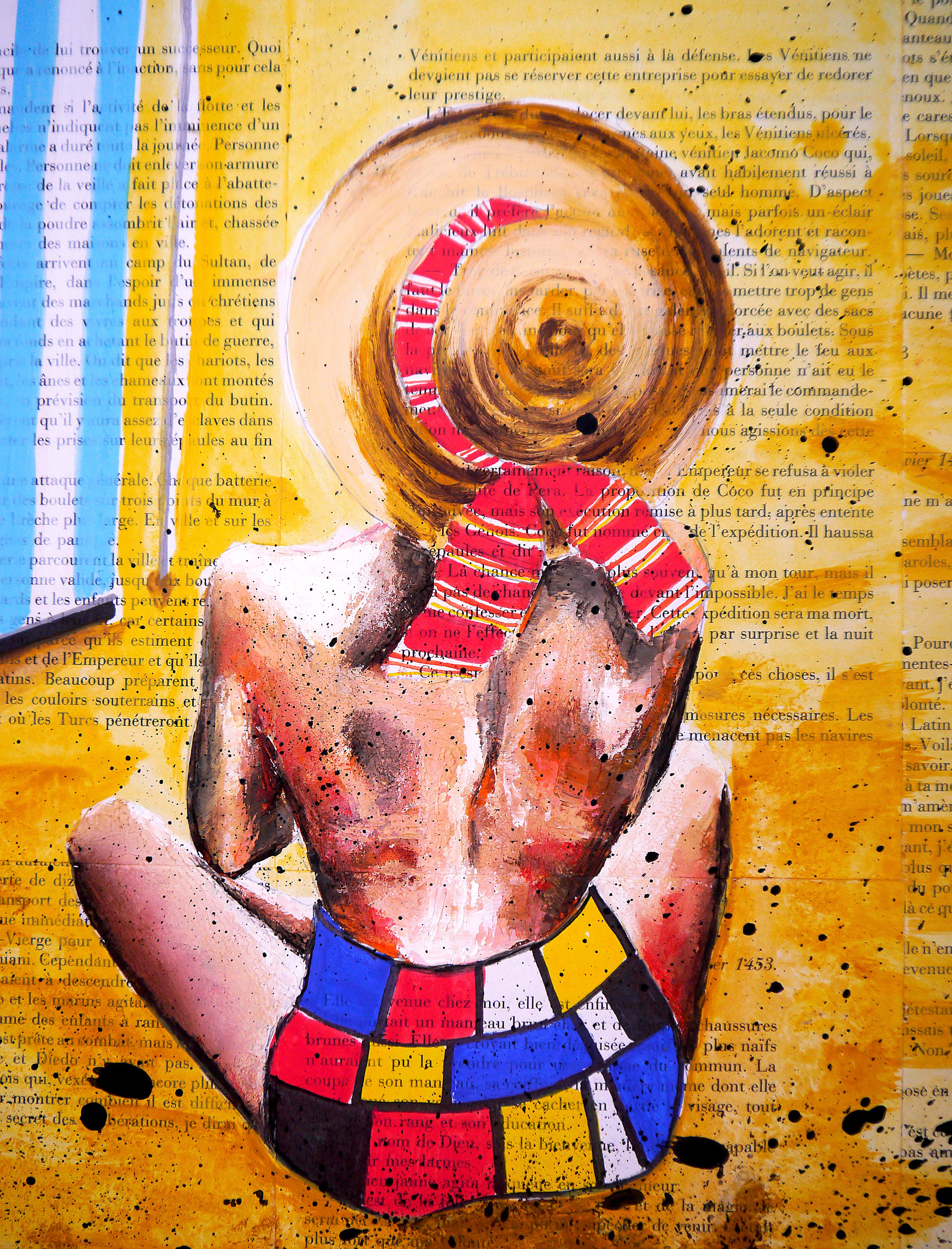 Summer in La Baule V Mondrian Swim dress

Summer Scene: Woman in La Baule V

Technique: oil, acrylic, and ink on old book pages on wooden frame 30x30cm ■■ 11,8x11,8 inch

Sustainability: Wooden frame is made by the artist by recycling  old books. In