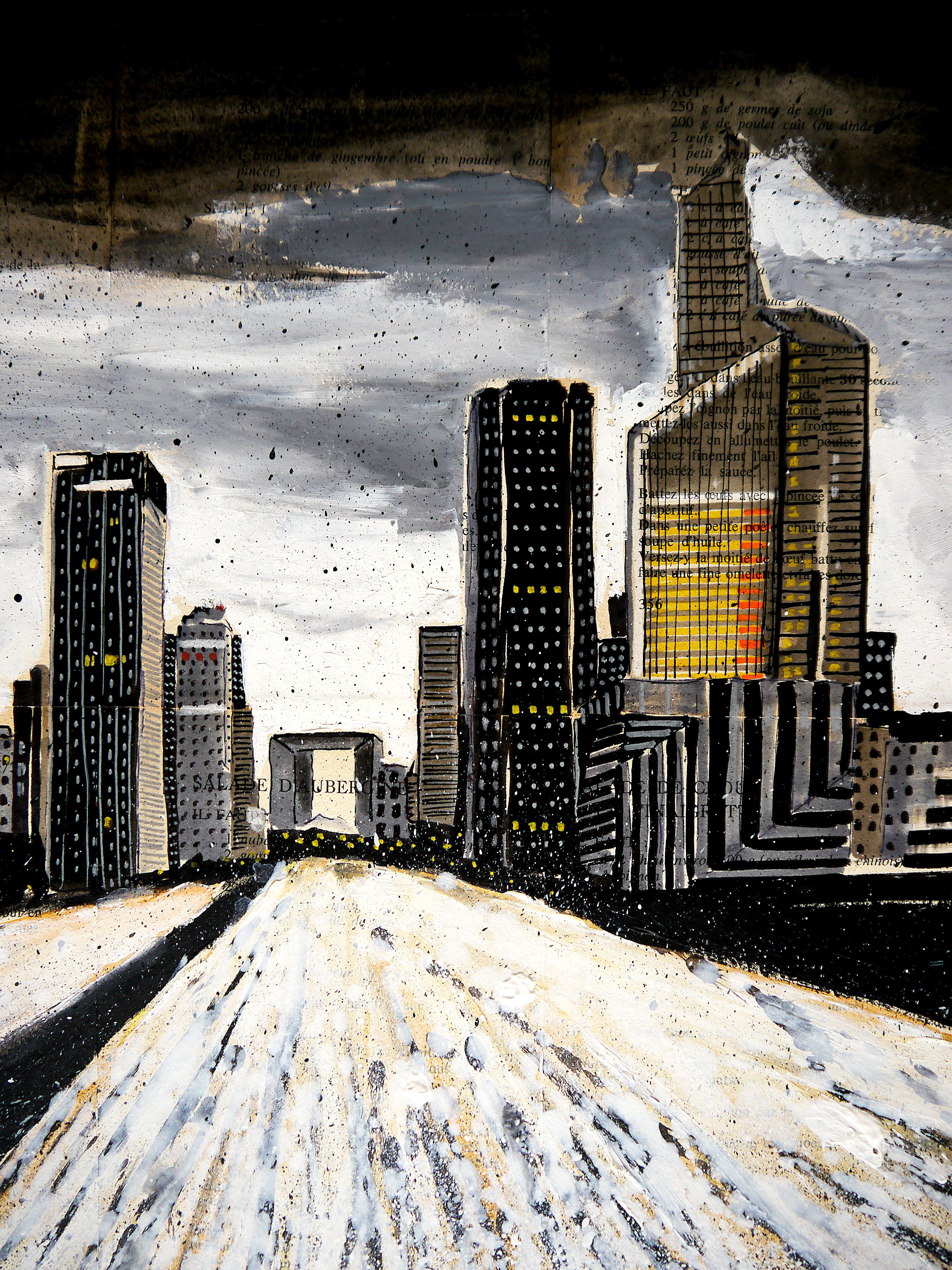 FRENCH SCHOOL Urbanscape La defense France PARIS - SNOW - Chut les Barbizons! - Gray Landscape Painting by Bazevian DelaCapuciniere