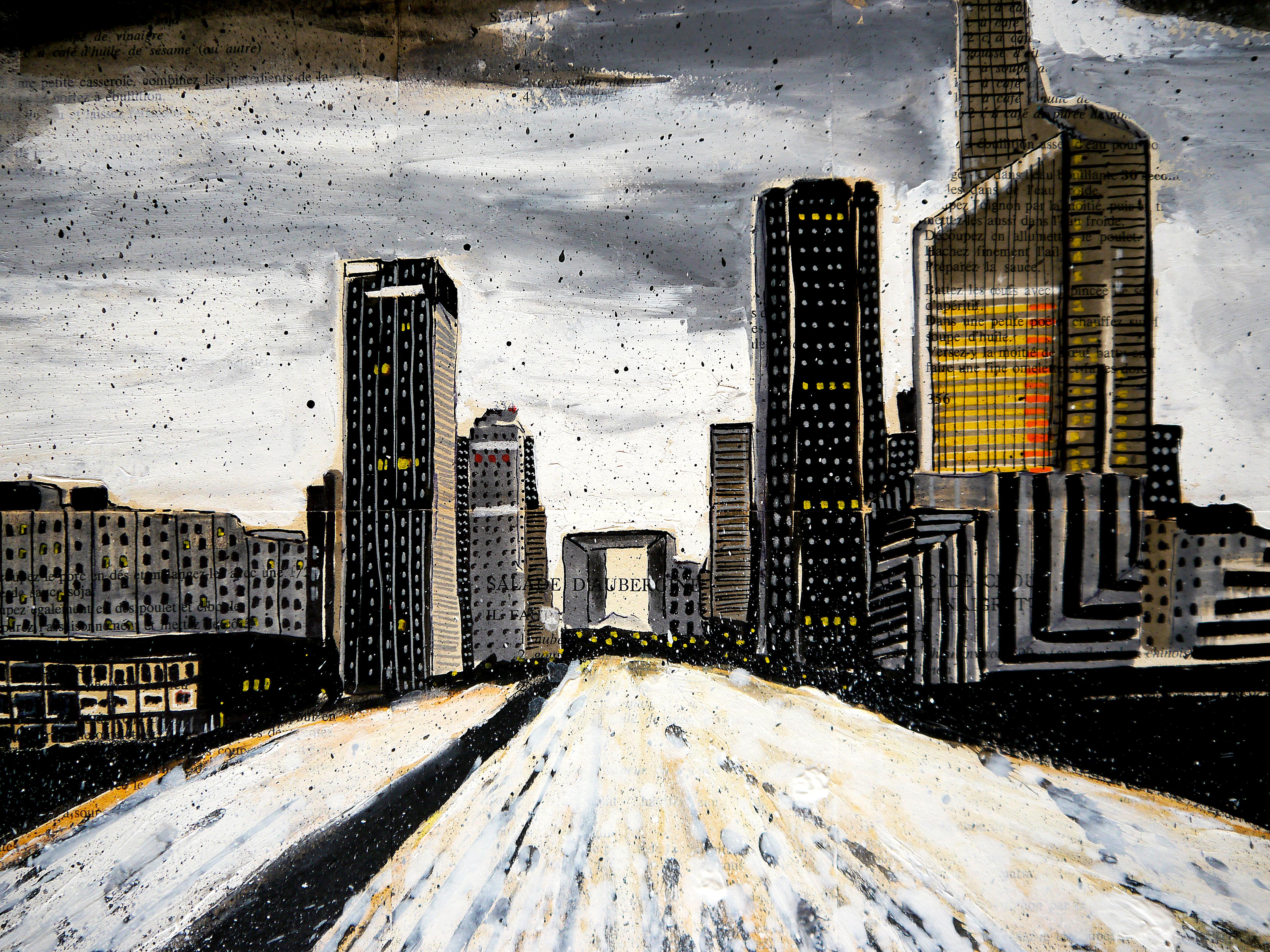 ⭐ La Défense ⭐

It's a cityscape, dominated by modern, high-rise buildings (Sky scrappers, office in Paris ) buried on snow.. The architecture suggests a contemporary urban environment, possibly a business district.

Technique: oil, acrylic, glue,