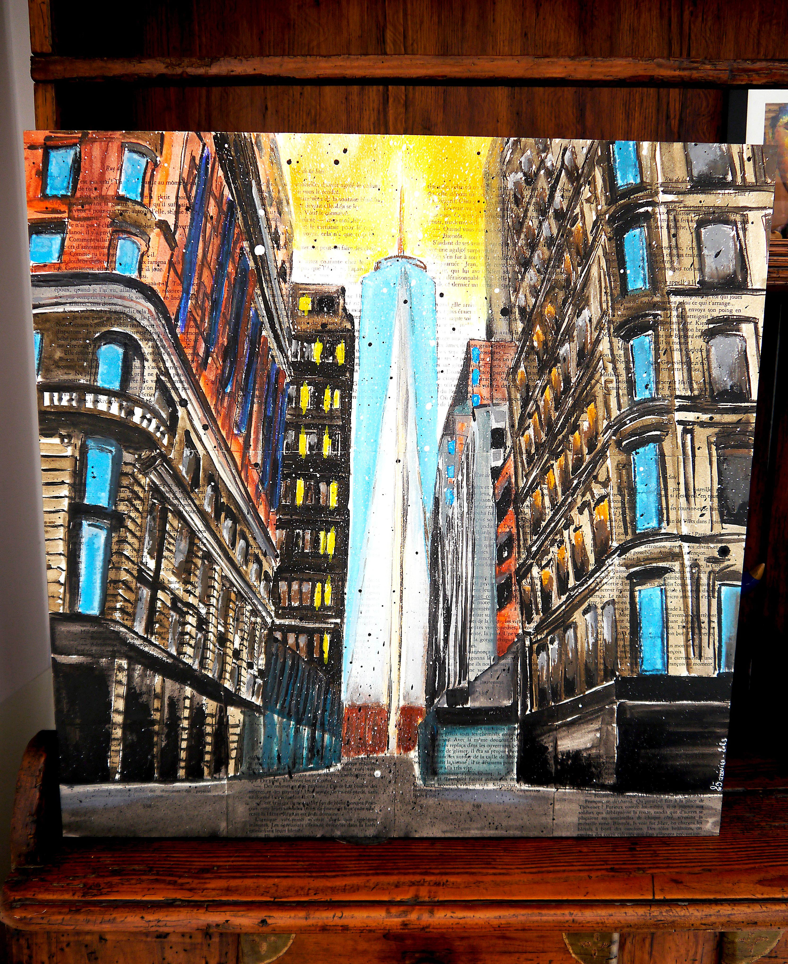 French School - Landscape New York WTC Sunset - NYC Building Painting (Large) For Sale 2