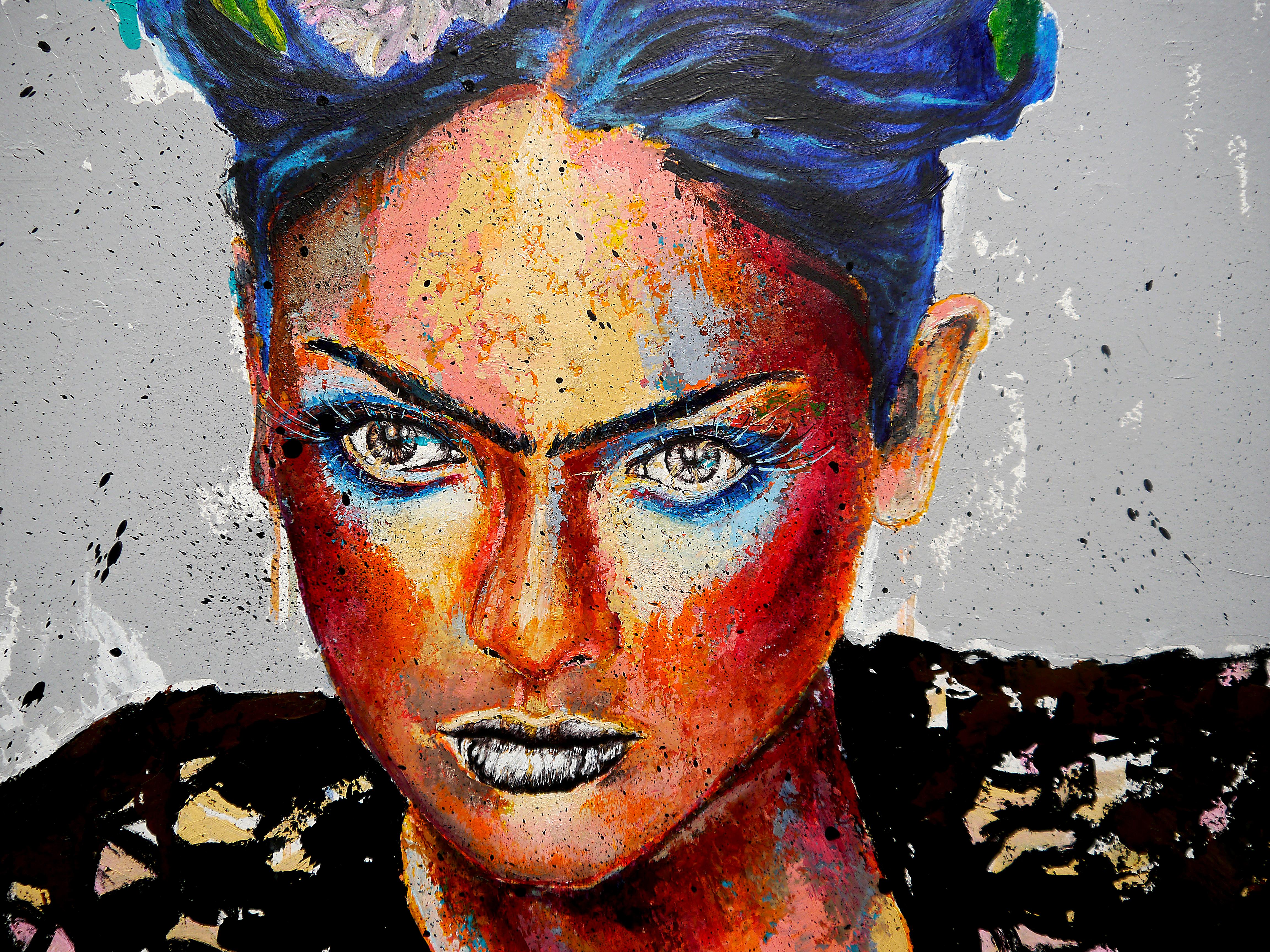 Portrait 22 PS 19 Frida on Fire

Portrait of the artist Frida Kahlo with Blue Hair

Technique: oil, acrylic, and ballpoint pen on paper mounted on wood 64 x 49cm (25,2x19,3 inch) with black frame 72x57cm (28,3x22,4inch)

Sustainability:  In an