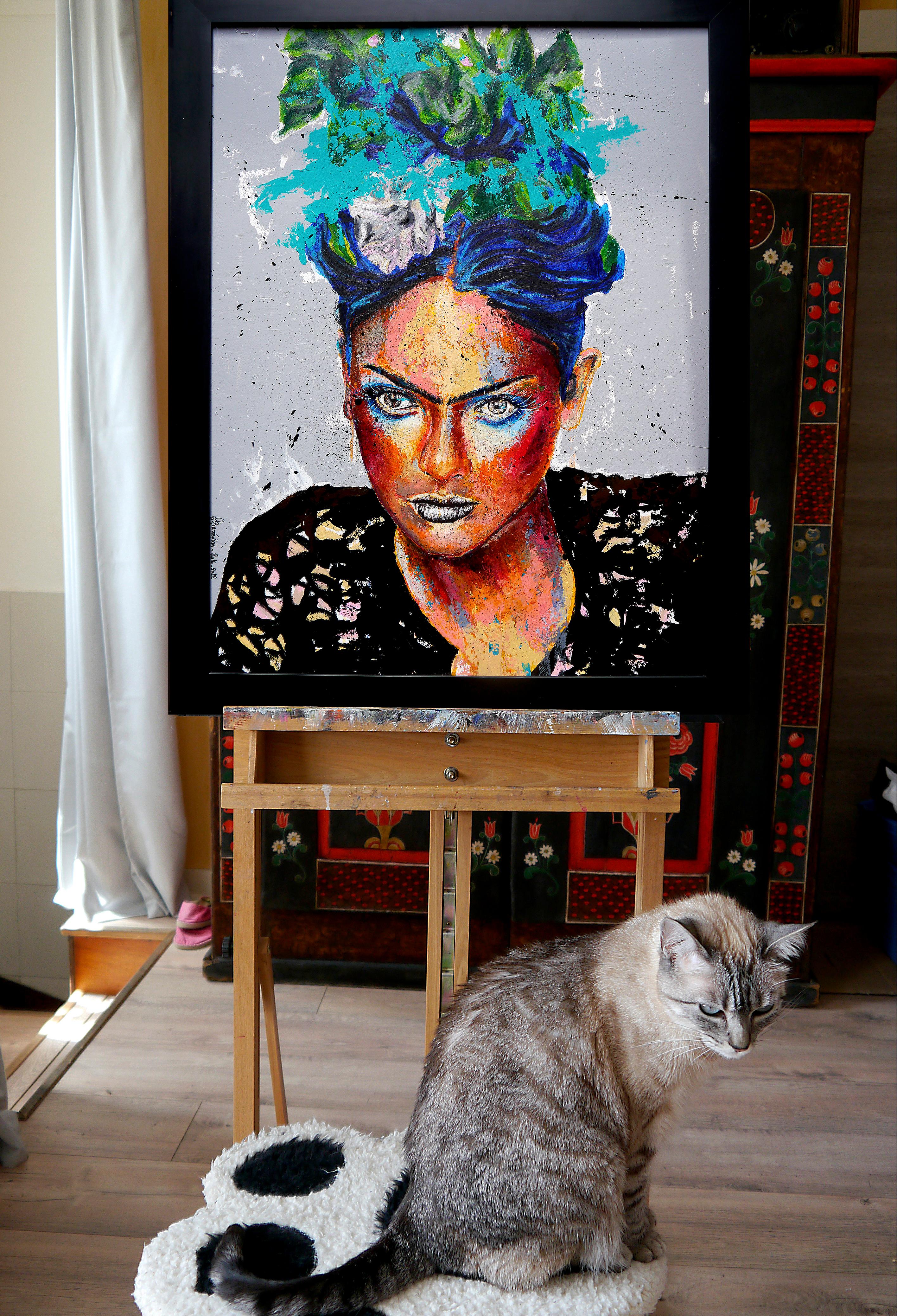 École française - Portrait 22 PS 19 Frida on Fire (Large) Huile Post Impressionniste en vente 1