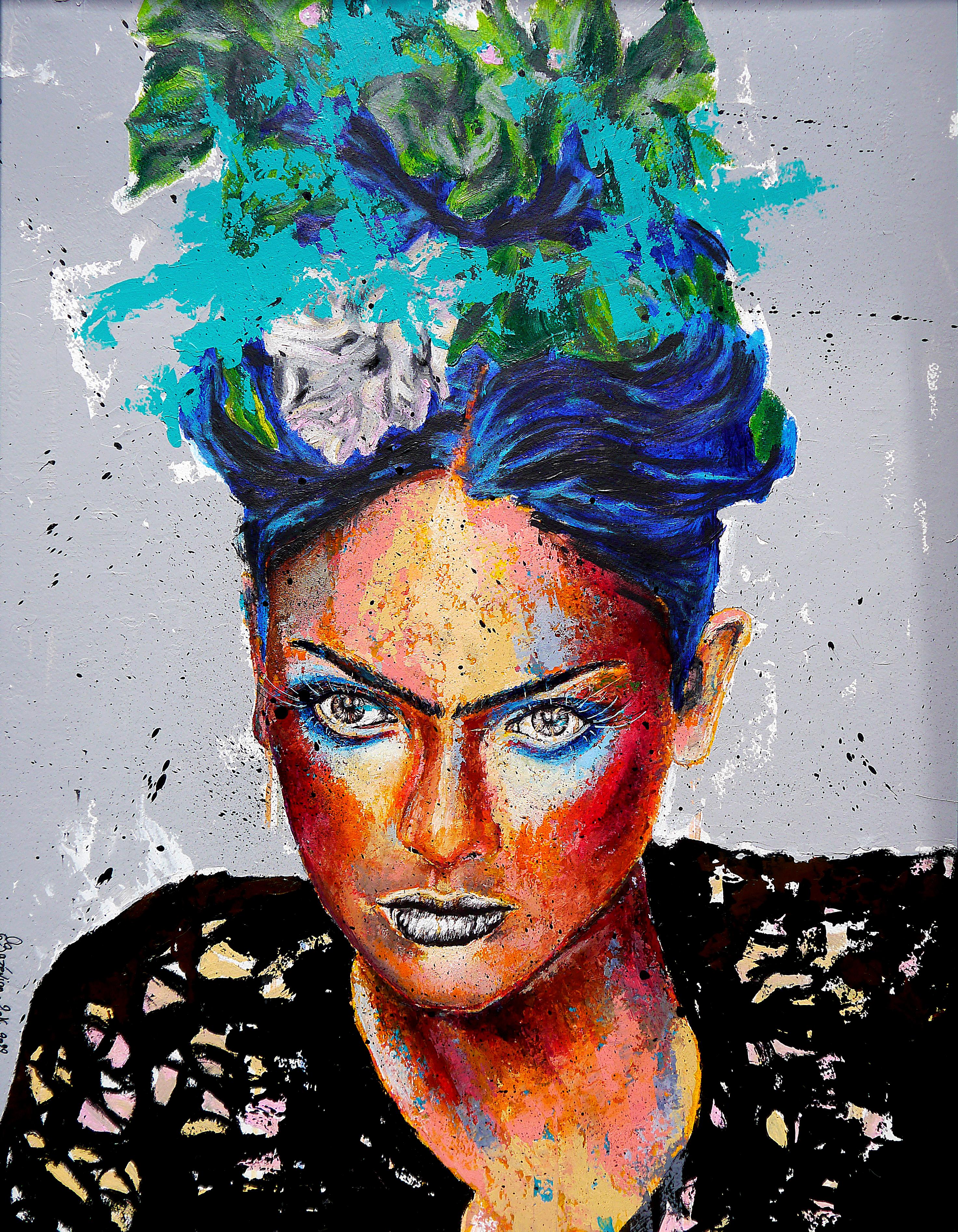 Figurative Painting Bazevian DelaCapuciniere - École française - Portrait 22 PS 19 Frida on Fire (Large) Huile Post Impressionniste