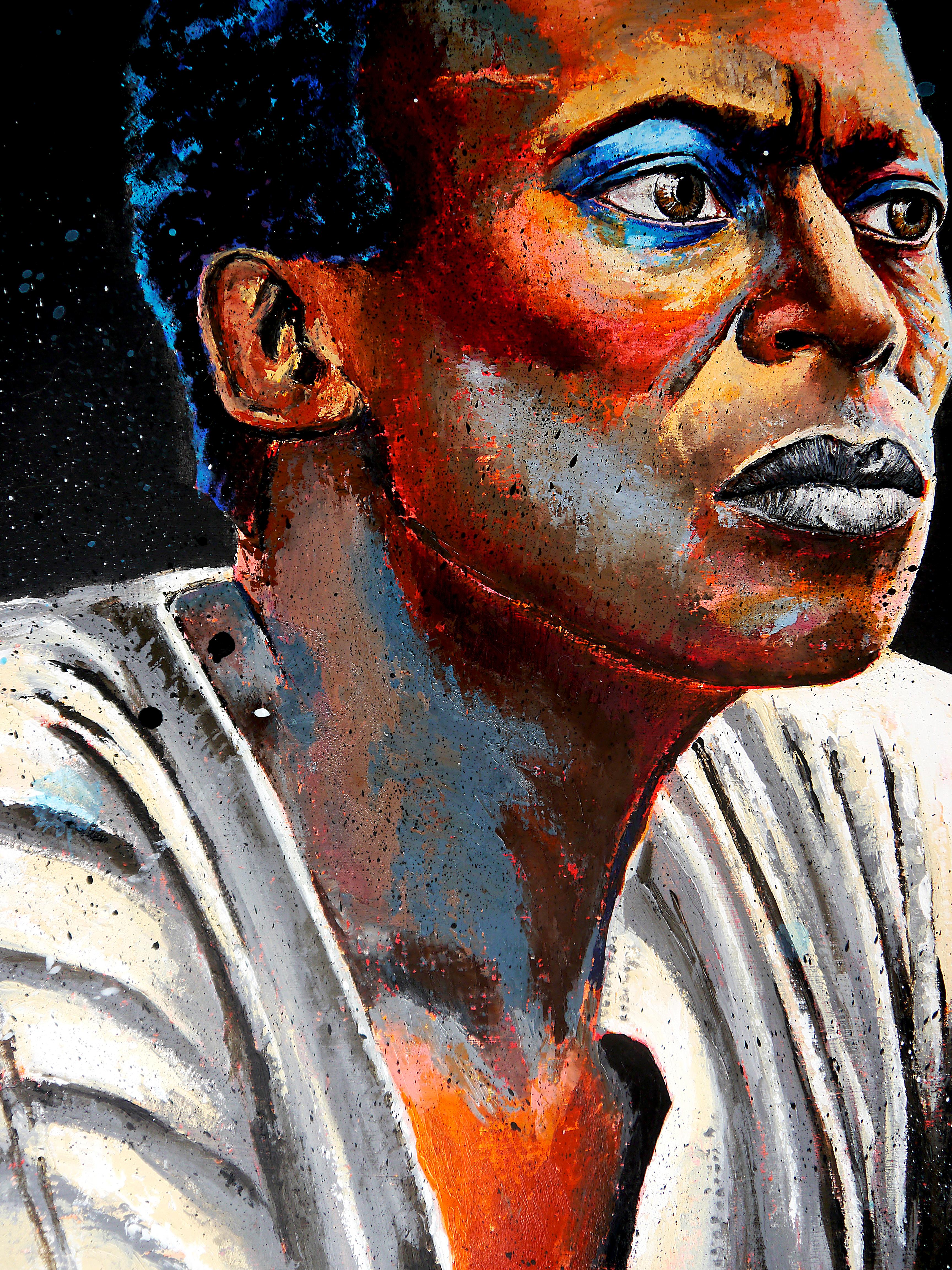 École française - Portrait Blue Miles POP - Peinture à l'huile 21e - Post Impressionniste - Painting de Bazevian DelaCapuciniere