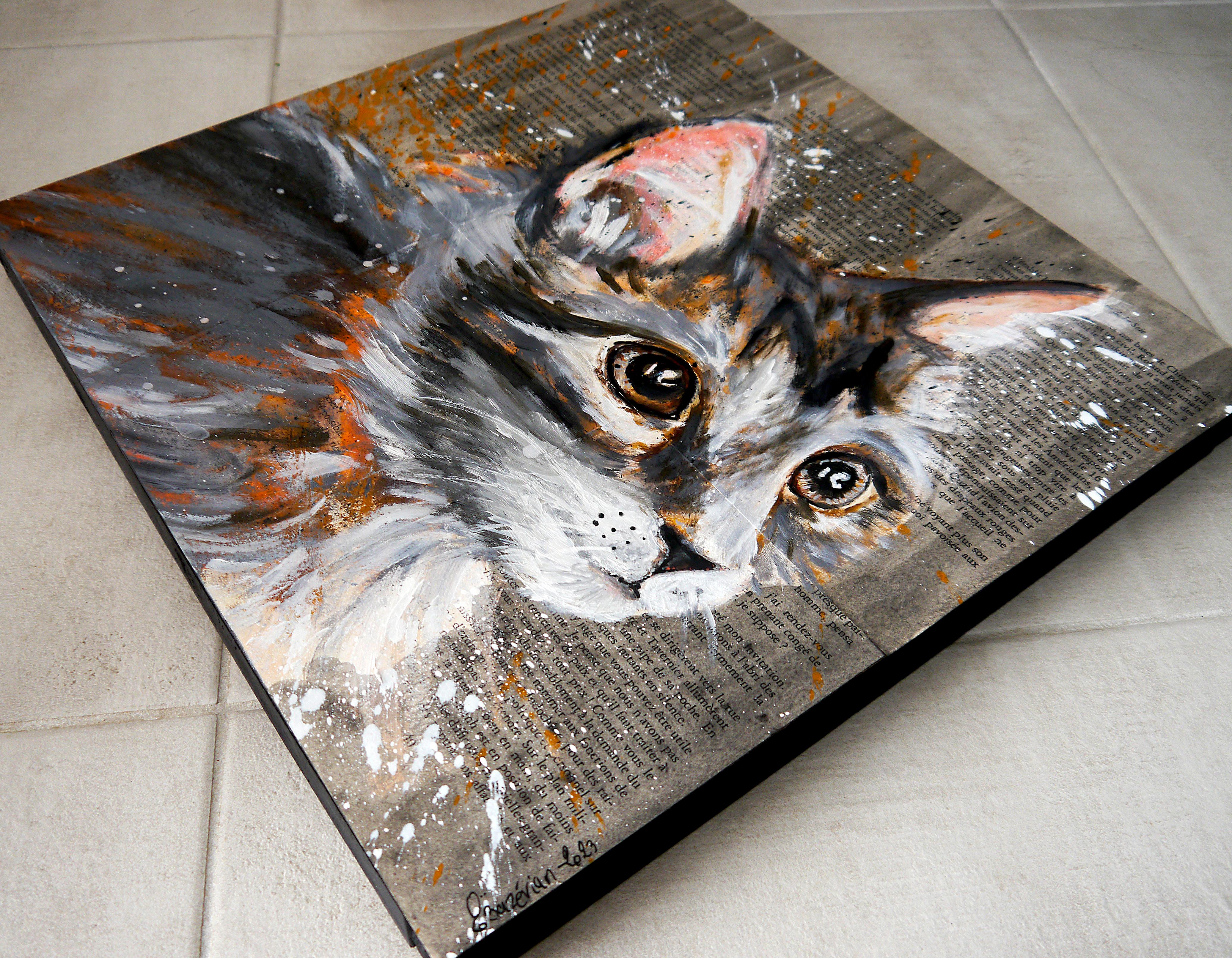 Porträt Kitten – Katze – Französische Schule, Ölgemälde, 21. Jahrhundert im Angebot 2
