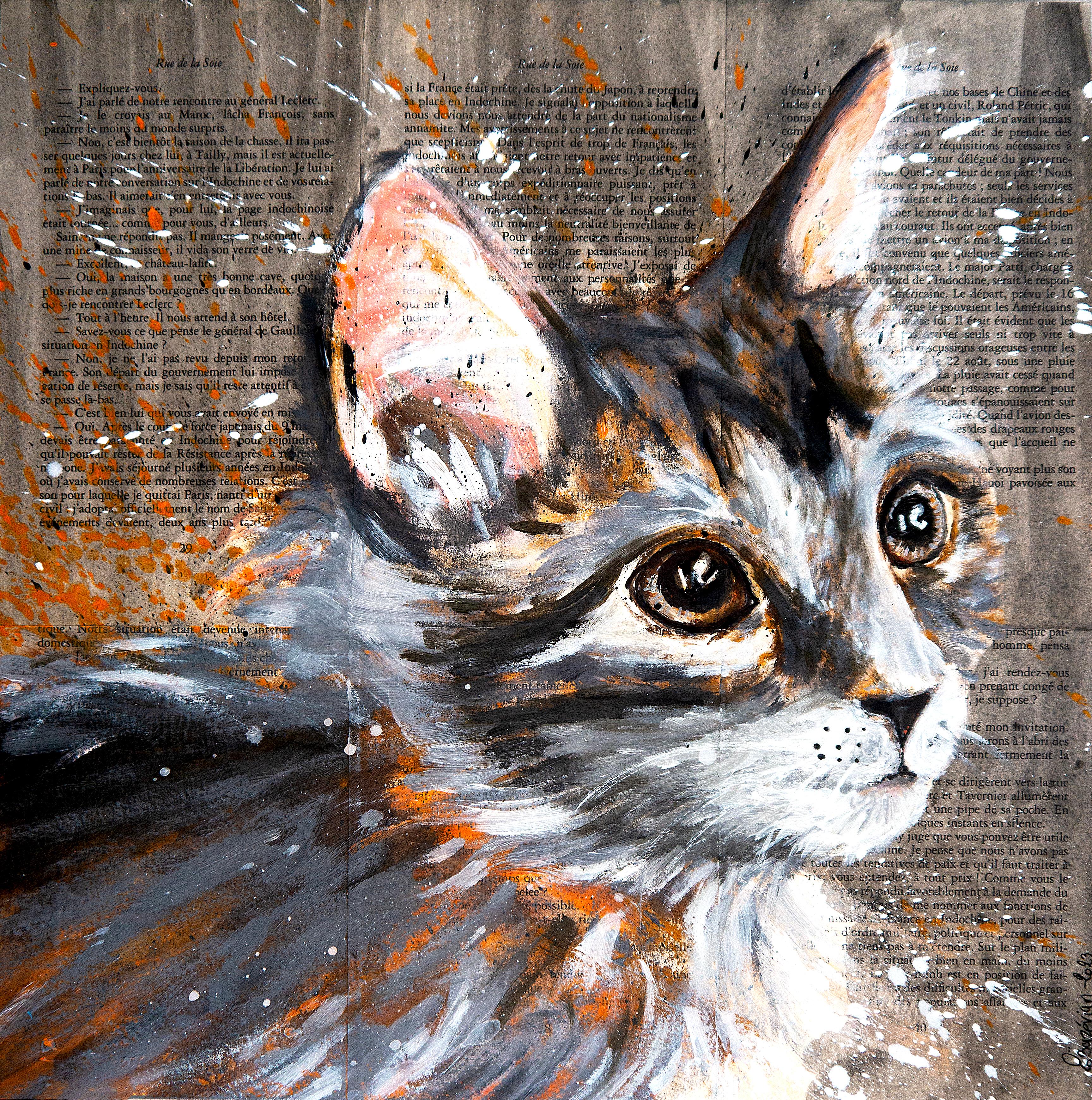 Portrait Kitten - Cat - French School Oil Painting 21th