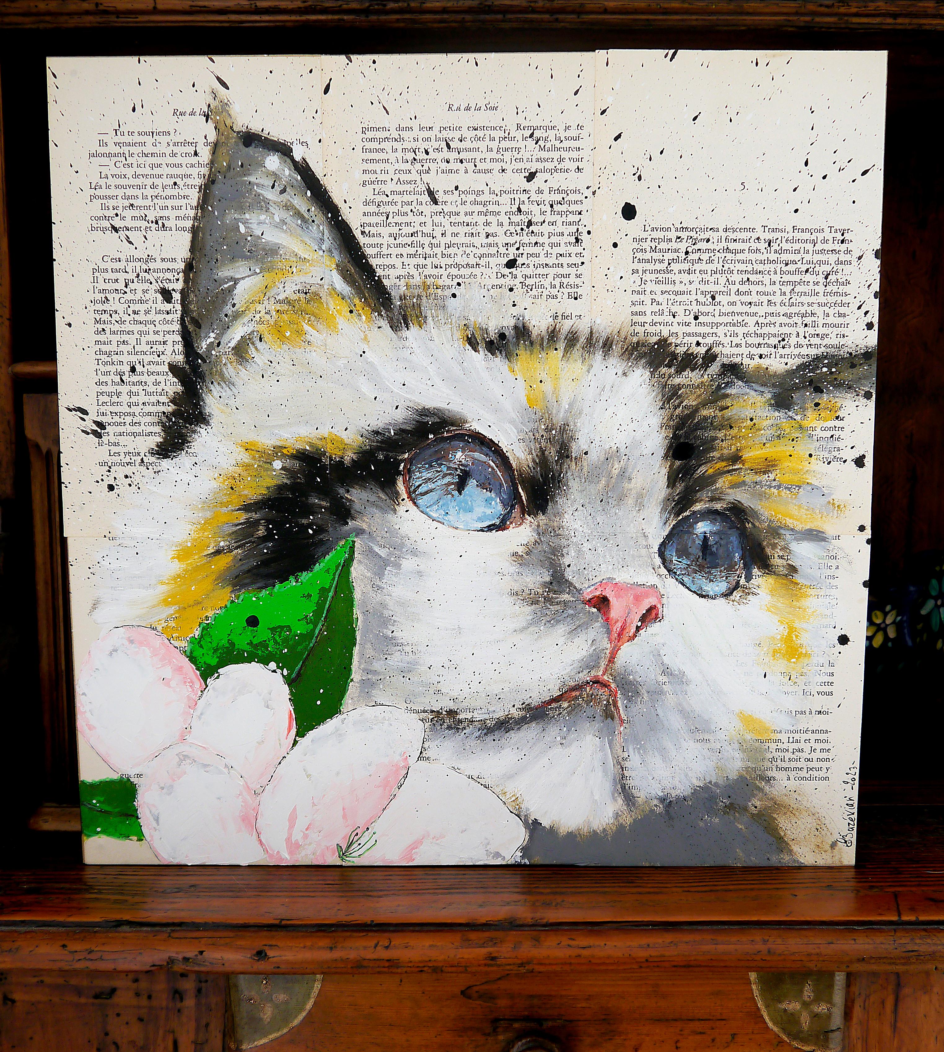 Portrait Little Sunshine Diagnosis - Cat - Painting by Bazevian DelaCapuciniere