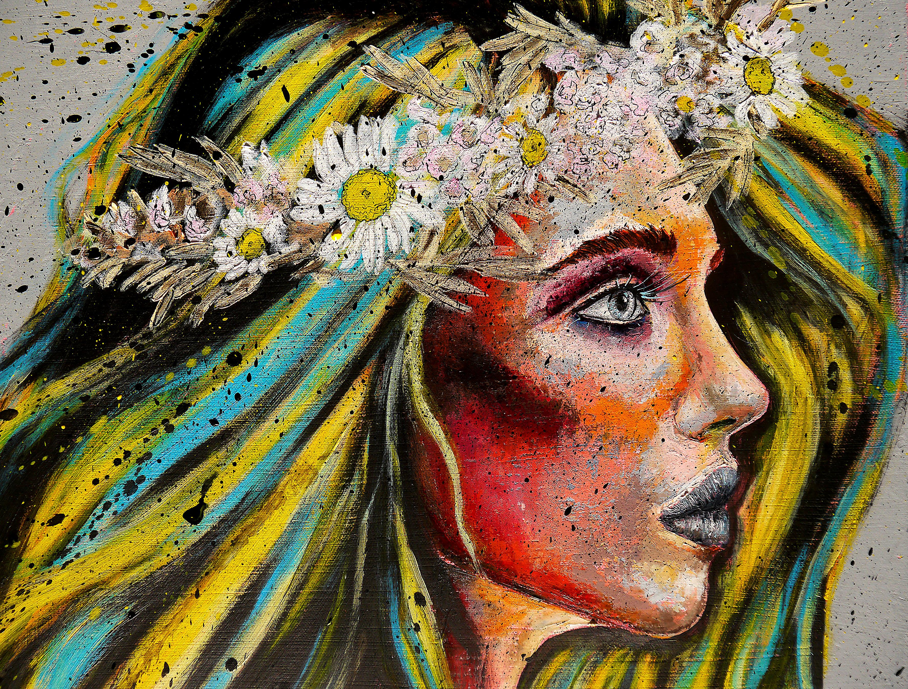 Portrait of a woman with blue and yellow hair with a crown of flowers.

Technique: oil, acrylic, and ink on 3D canvas extra thick 70 x 50cm (25,5x19,7 inch)

》》R E A D Y -- T O -- H A N G《《


❶ → Original signed work. Certificate of authenticity
