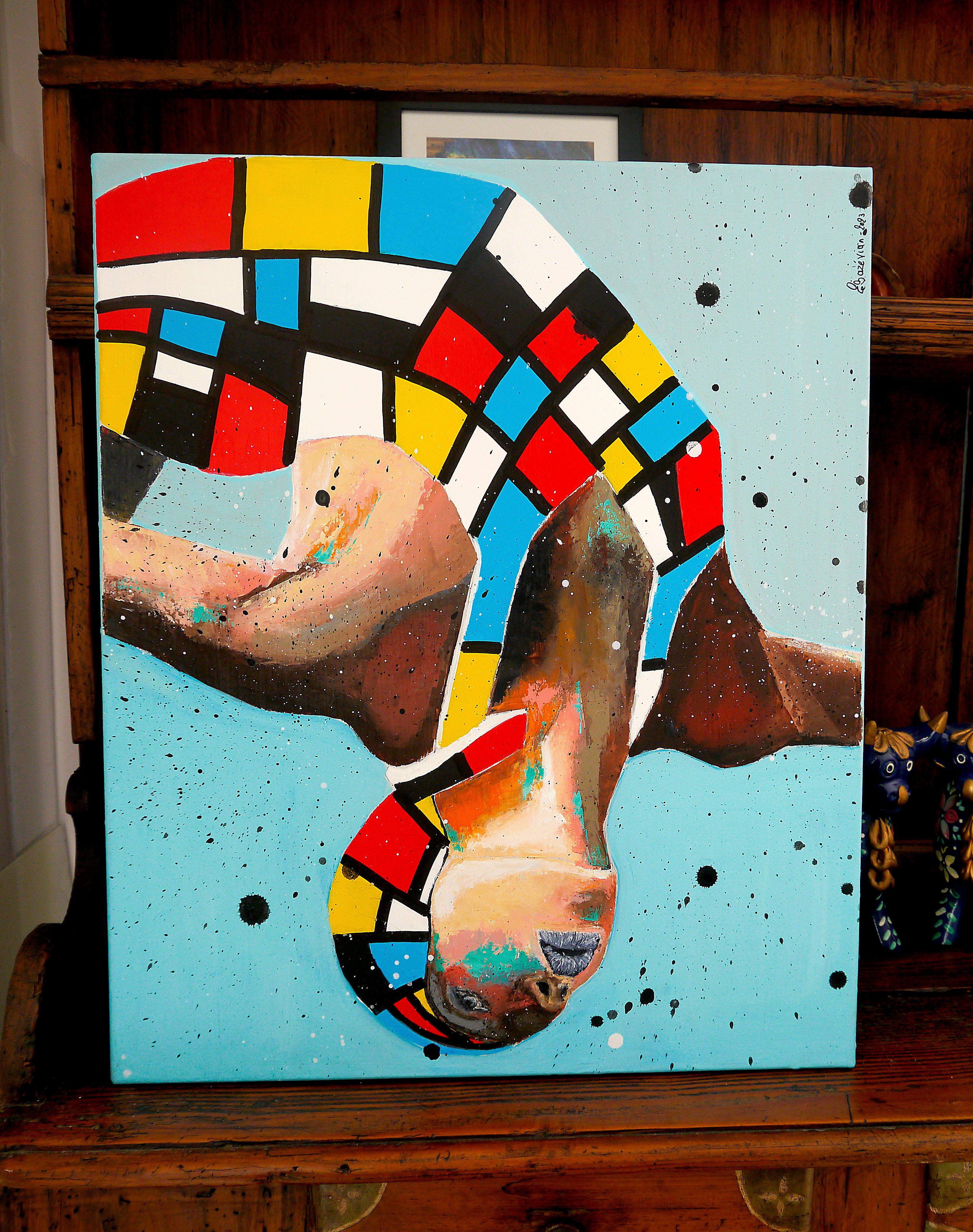 French School - Portrait PS 211 Mondrian Diving Upside down - Post Impressionist - Painting by Bazevian DelaCapuciniere