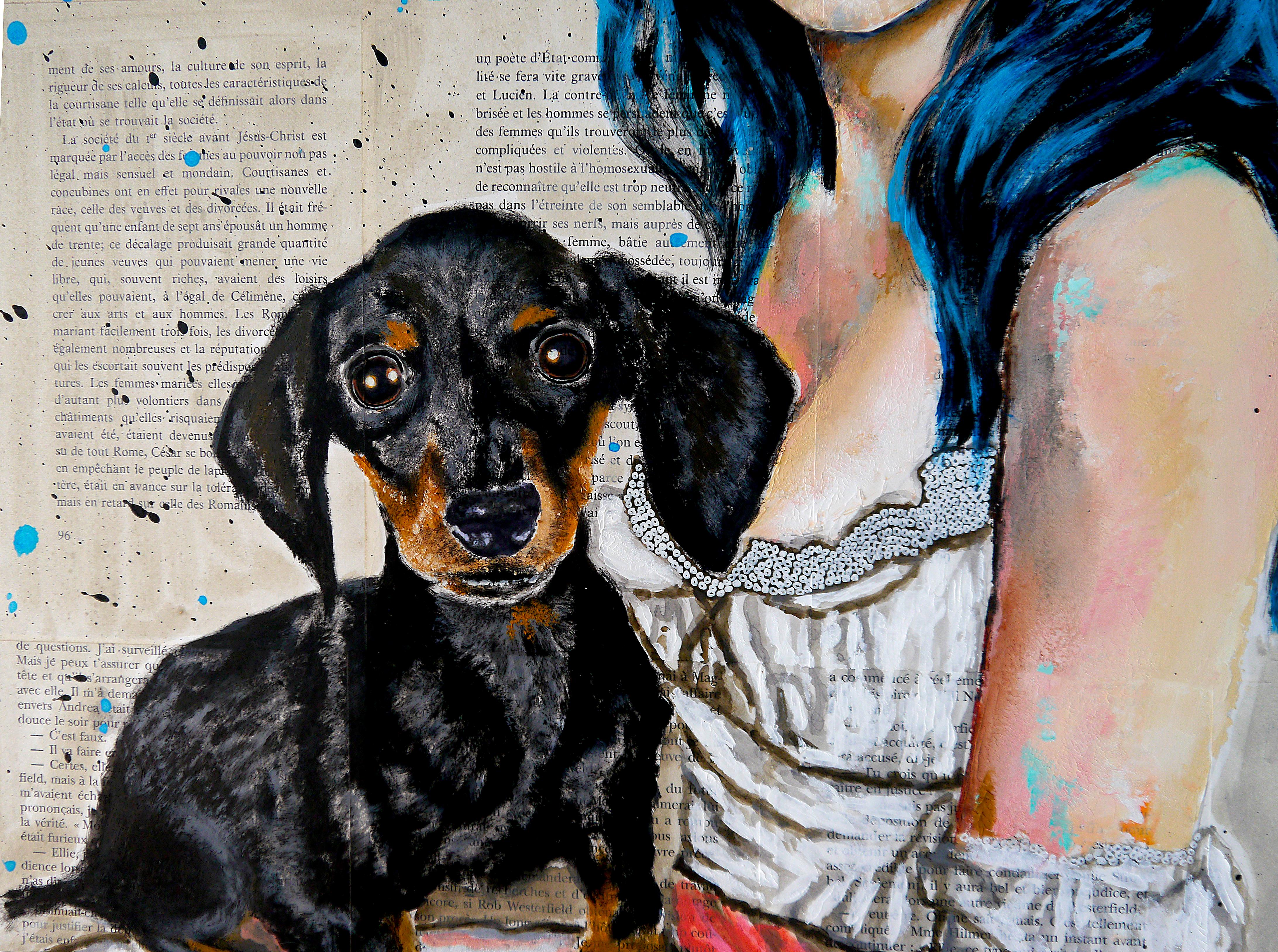 Portrait PS251 Beauty and the Beast Dachshund Chut Les Barbizons ! - Painting de Bazevian DelaCapuciniere