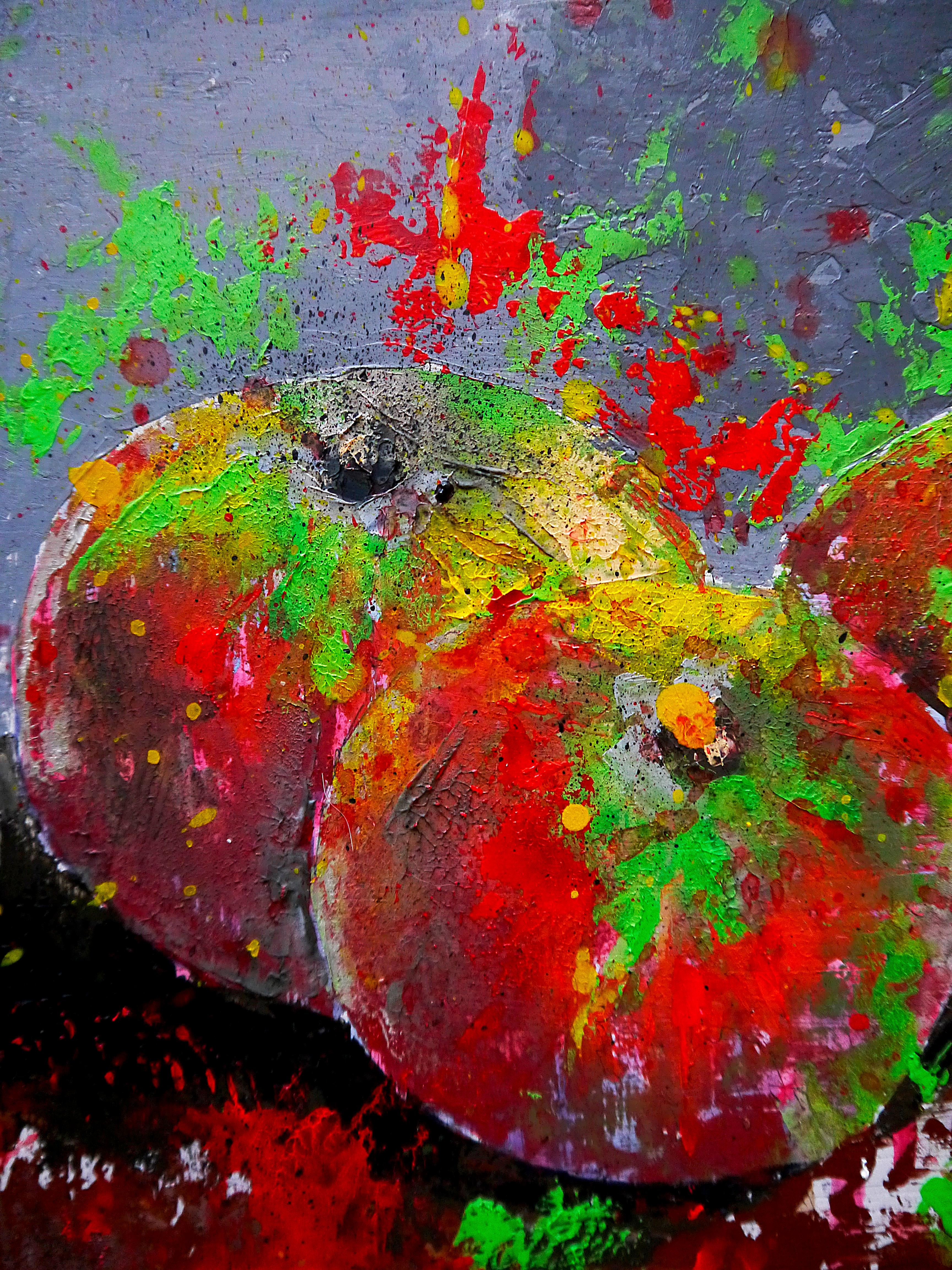 Scuola francese - Natura morta Mele e barattolo Starwars - Post impressionista - Abstract Painting Grigio di Bazevian DelaCapuciniere