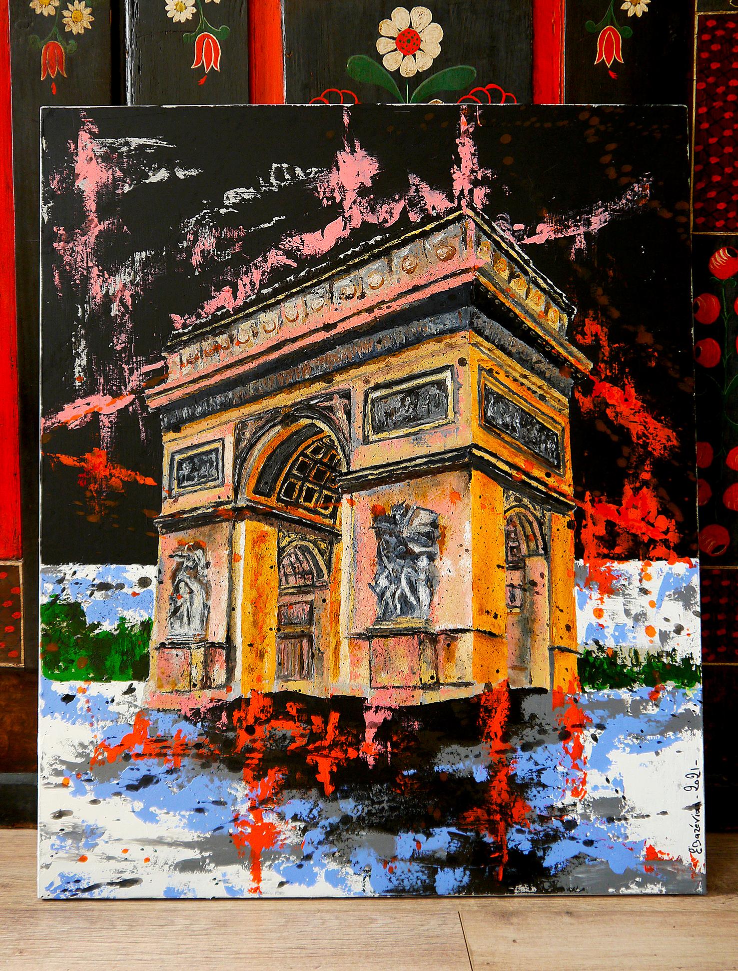 École française - Paysage urbain triomphe - Paris Huile Post Impressionniste - Painting de Bazevian DelaCapuciniere