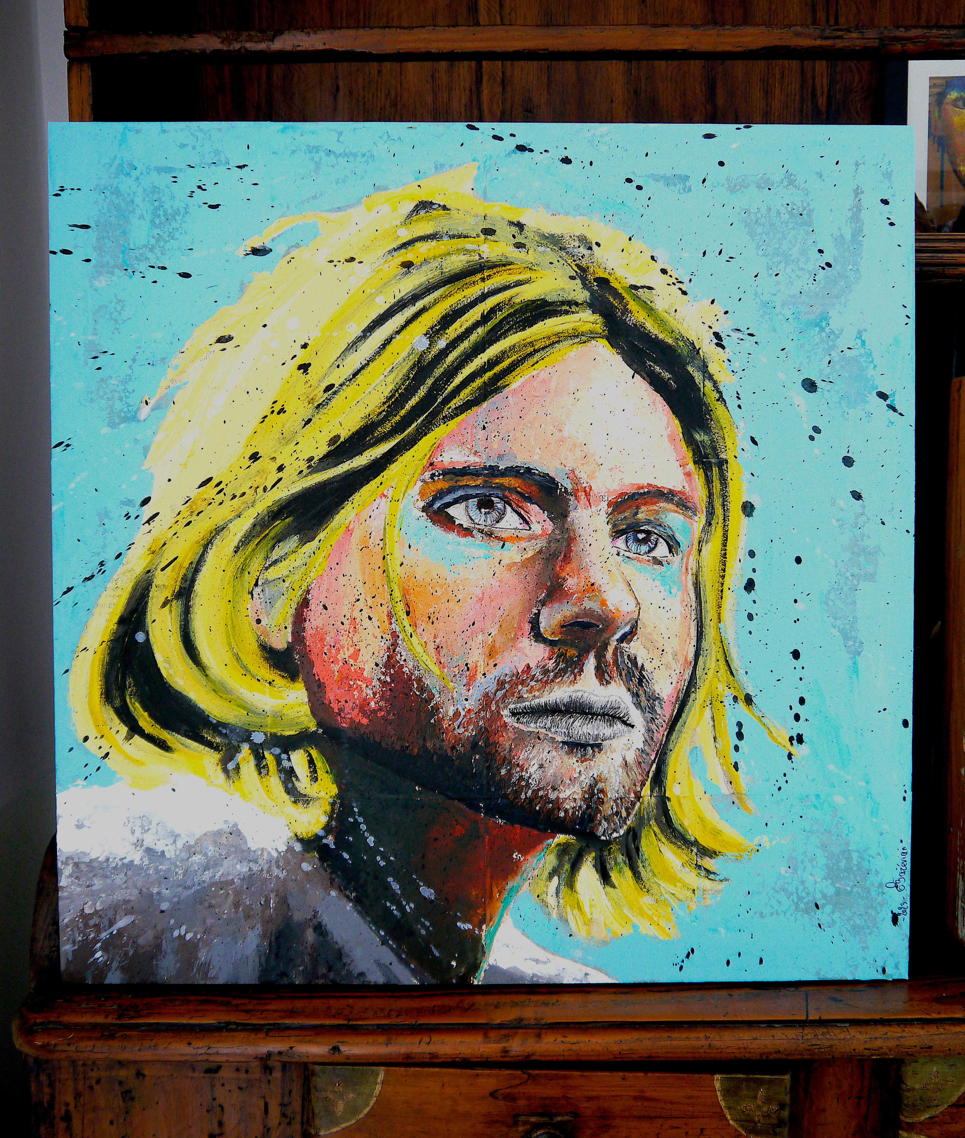 Portrait bleu Kurt Cobain  - École française  Impressionniste -  Pop Nirvana 2023 - Tonalisme Painting par bazevian