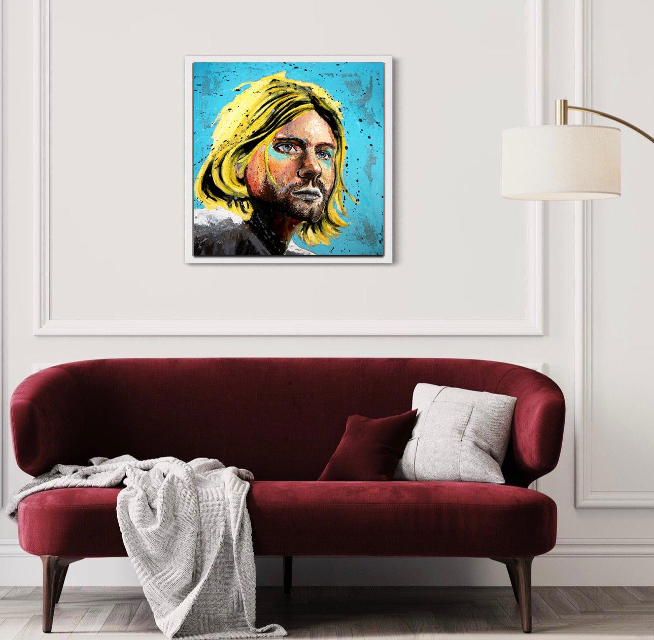 Portrait bleu Kurt Cobain  - École française  Impressionniste -  Pop Nirvana 2023 - Bleu Figurative Painting par bazevian
