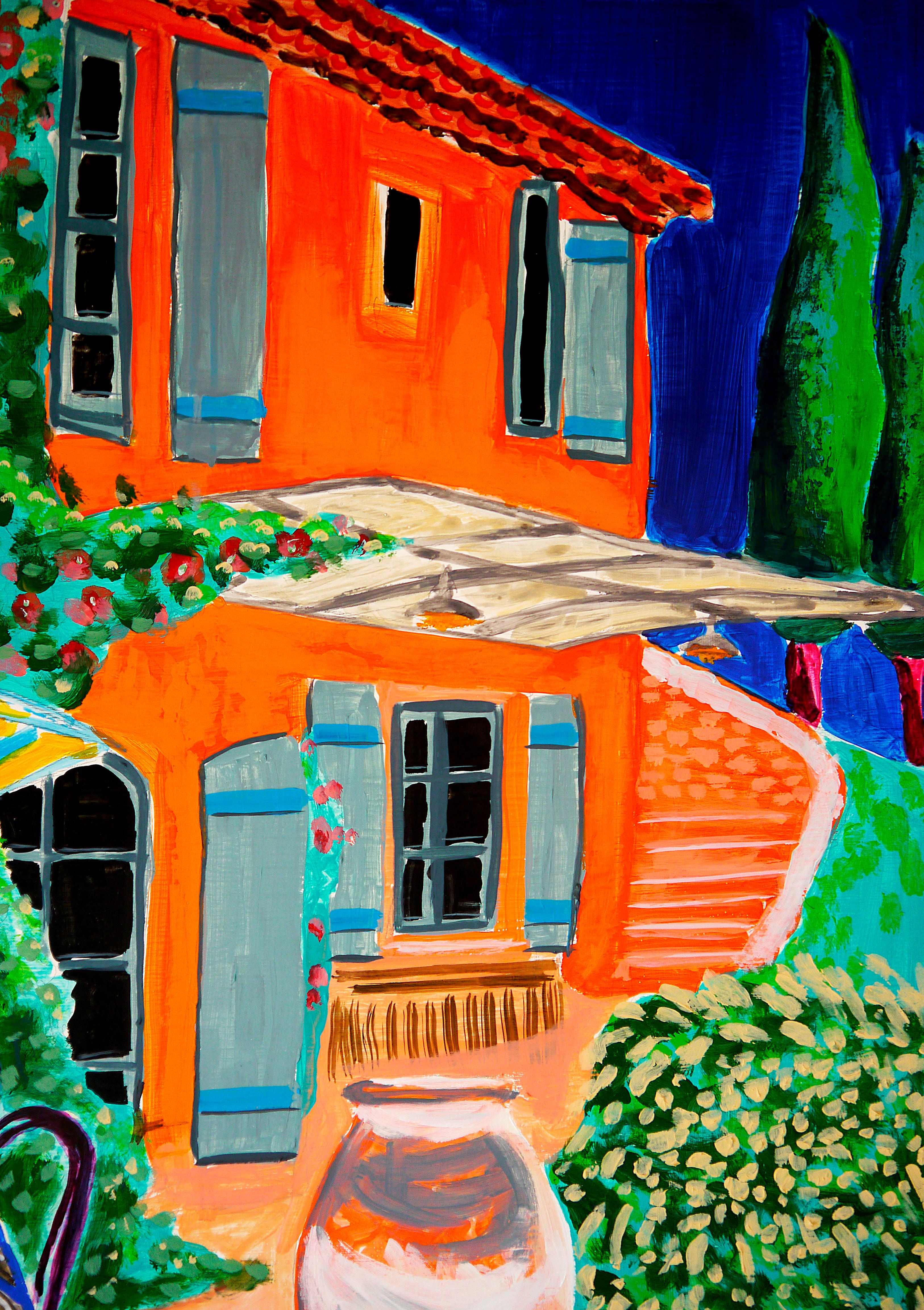 Französischer Schulkaffee in der Provence Un café en Provence - Chut les Barbizons! – Painting von bazevian