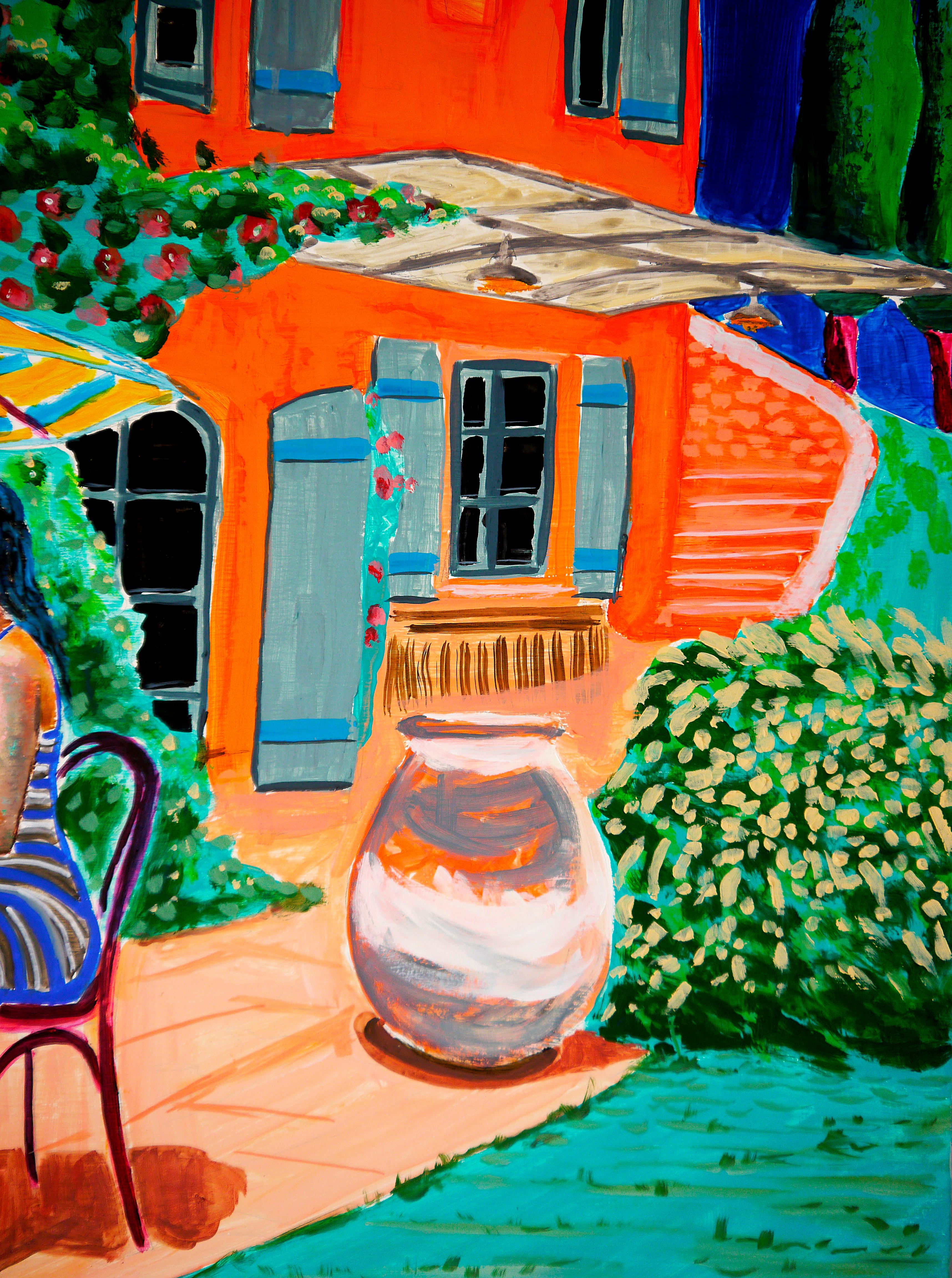 Französischer Schulkaffee in der Provence Un café en Provence - Chut les Barbizons! (Schwarz), Landscape Painting, von bazevian