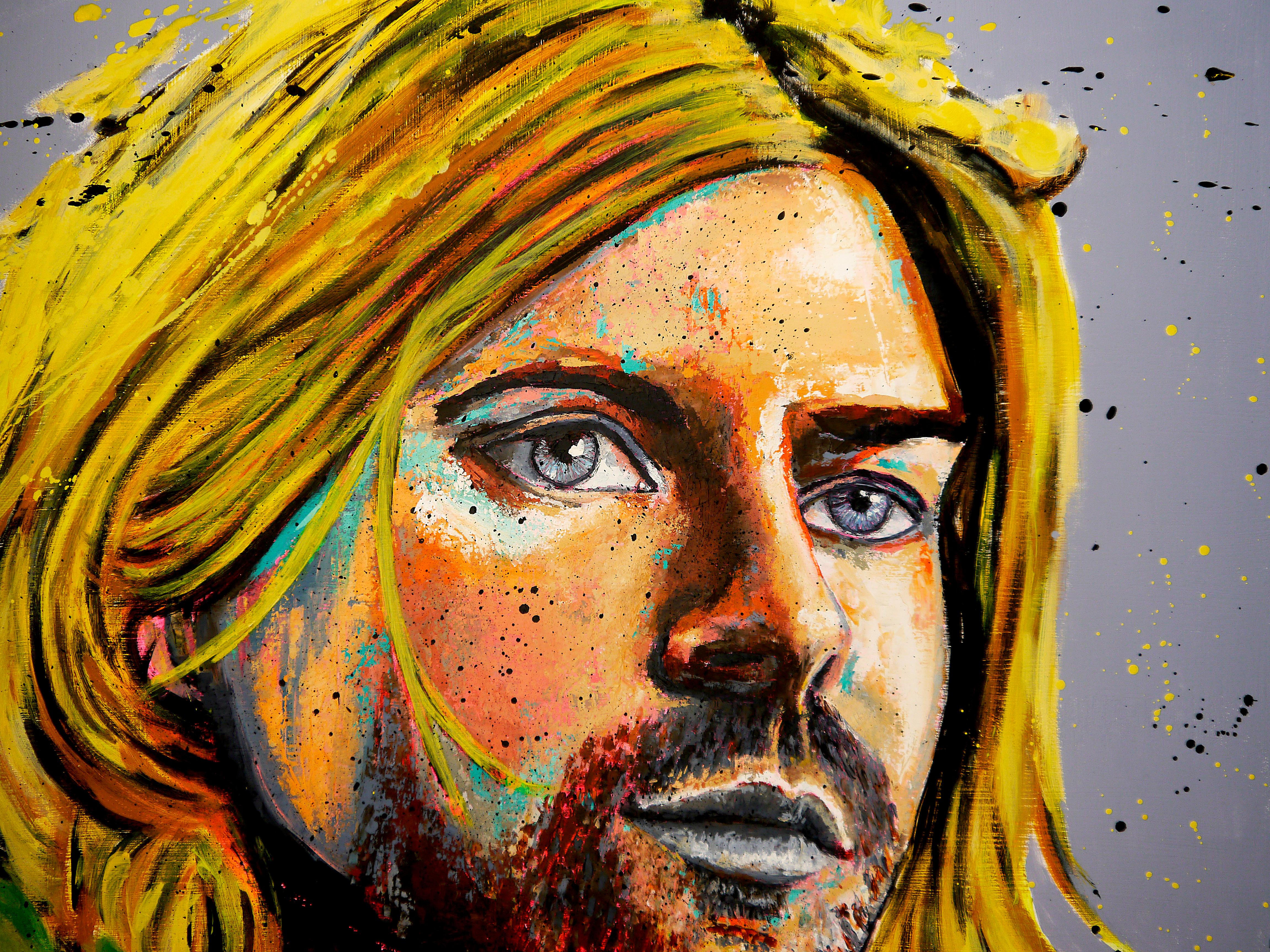 French School Continental Kurt Cobain Nirvana - Chut les Barbizons! (Braun), Figurative Painting, von bazevian