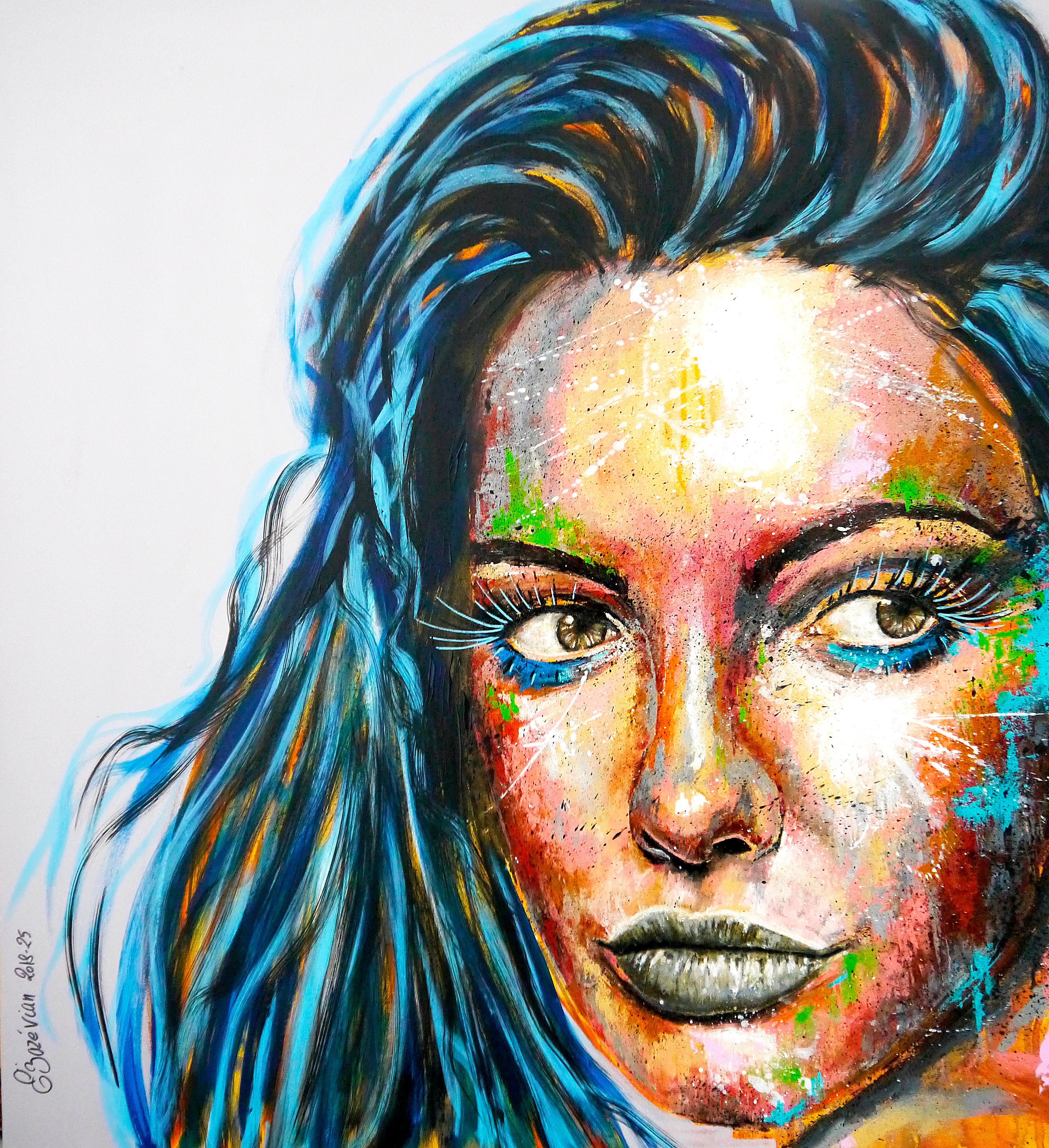 Pachamama Glósóli 008

Porträt in Großaufnahme einer Frau mit blauem Haar. Lebhaftes und kraftvolles Starren.
Technik: Öl, Acryl und Tusche auf großer Leinwand 116x89cm ■■ 46.7 x 35.3 inch

⏩》R E A D Y -- T O -- H A N G《⏪

🟢 → Original signiertes