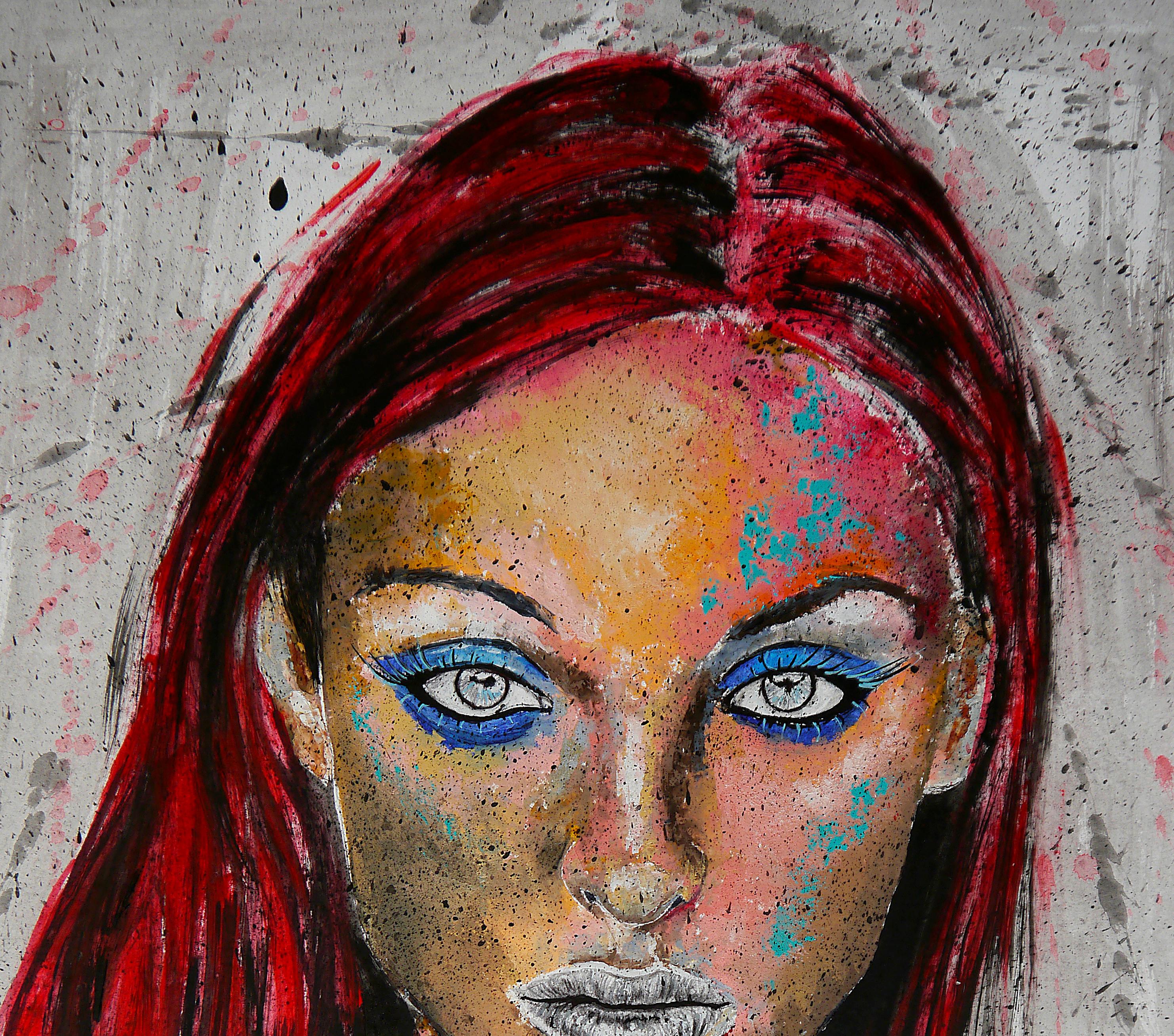 Porträt PS 102

Dieses Porträt zeigt eine markante weibliche Figur, die in einem kühnen, expressionistischen Stil dargestellt ist, der figurative Präzision mit gestischer Spontaneität verbindet. Der zentrale Blick dominiert die Komposition: blasse,