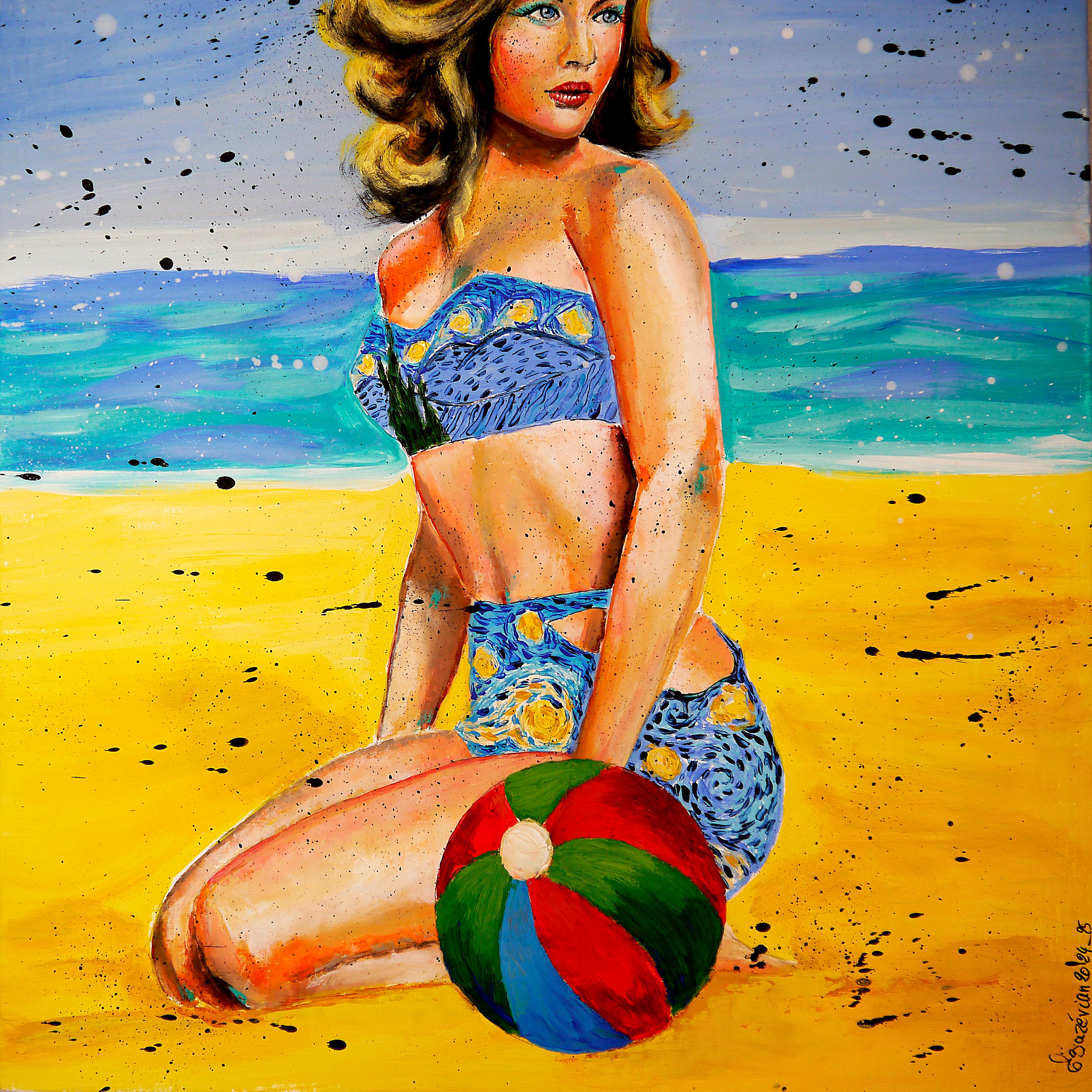 Ps 240 Sommer in La Baule Vincent Van Gogh
In diesem leuchtenden und poetischen Werk,  Der Badeanzug der Frau, der an die Sternennacht von Vincent van Gogh erinnert, ist eine starke Bedeutungsebene. Die wirbelnden blauen Muster und goldenen Akzente