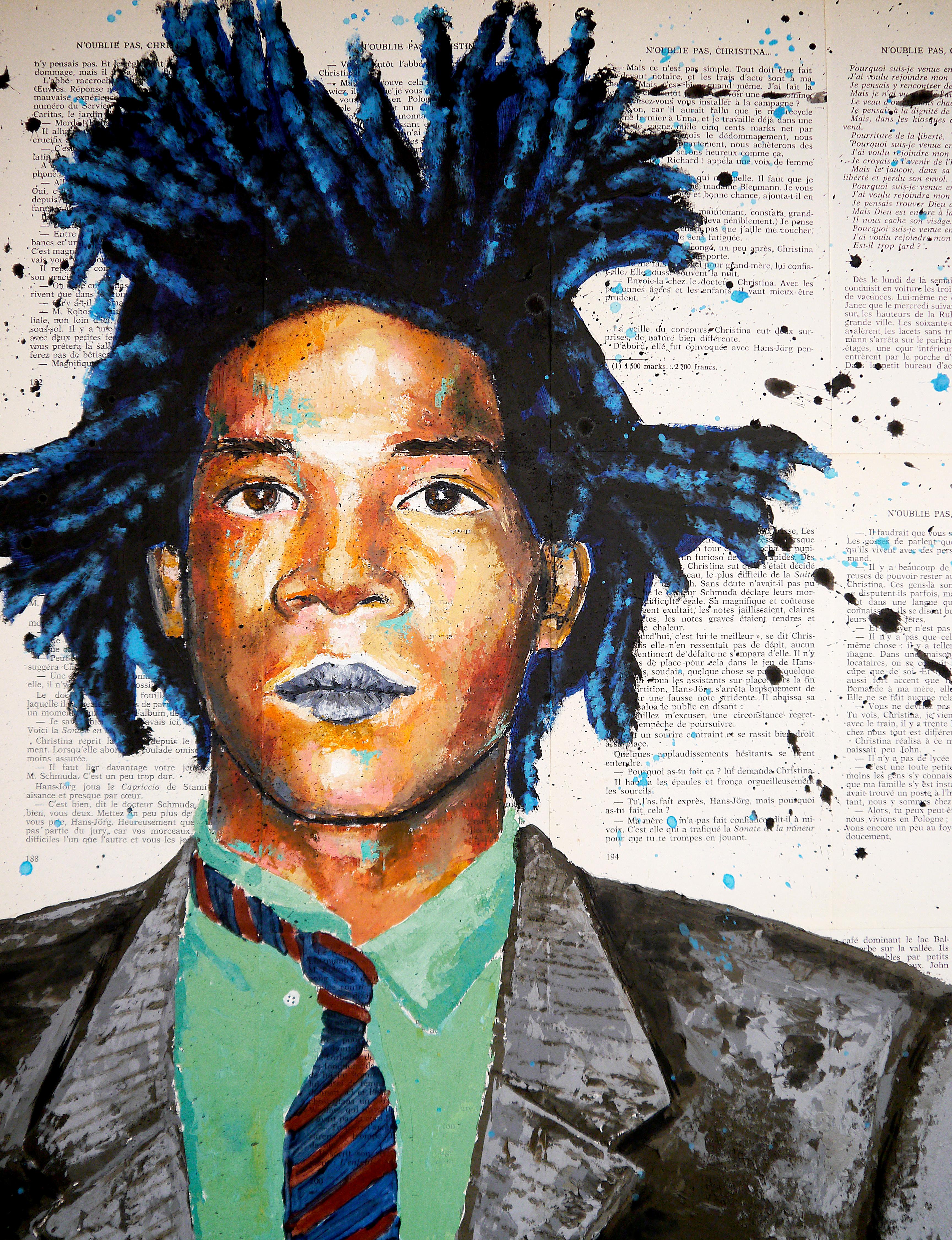 Retrato ESCUELA FRANCESA Jean Michel BASQUIAT ¡Chut les Barbizons!  Listo para colgar - Figurative Painting Beige de bazevian