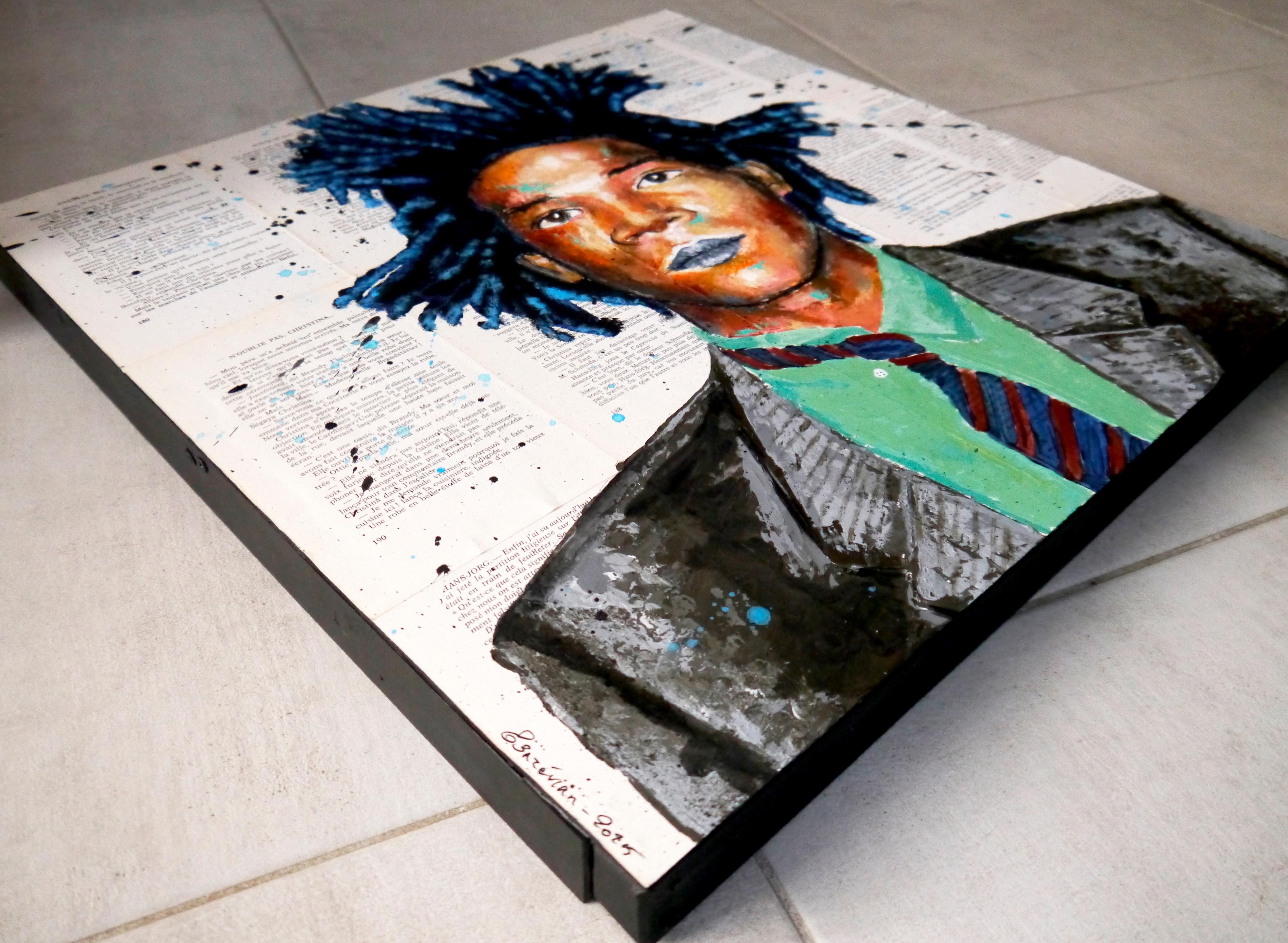Jean Michel Basquiat⭐⭐⭐Jean Michel Basquiat

Primer plano del retrato del famoso artista Jean Michel Basquiat _ Icono del Street art y el Bad art.
Técnica: óleo, acrílico y tinta sobre páginas de libro antiguo en marco de madera 55x55cm ■■ 17,9x17,9