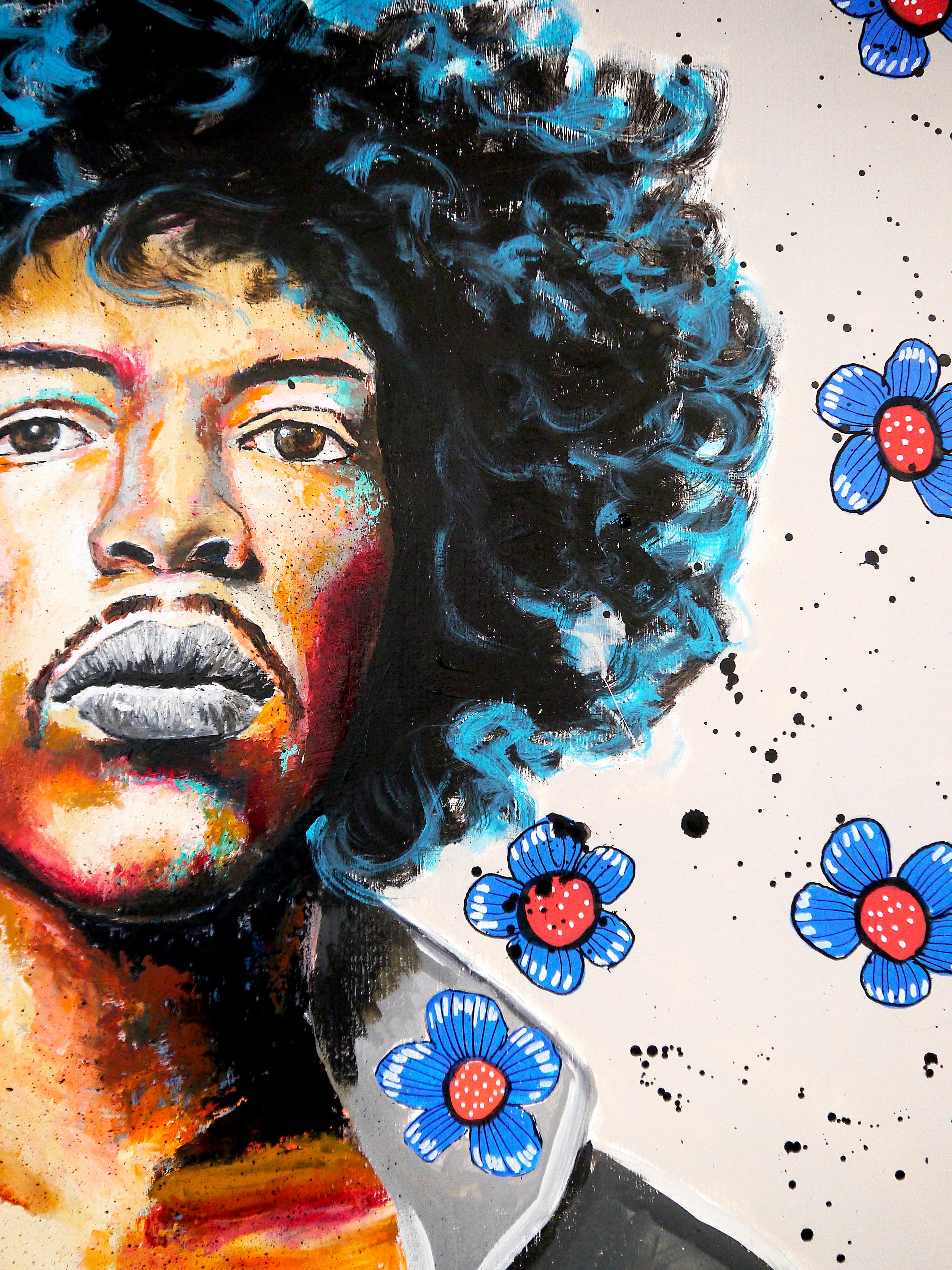 Retrato icónico de Jimi Hendrix con técnica all-over. Los elementos de los motivos florales crean confusión entre el primer plano y el fondo. Como un icono ortodoxo, Jimi Hendrix está aureolado con su corte de pelo afro.

Técnica: óleo, acrílico,
