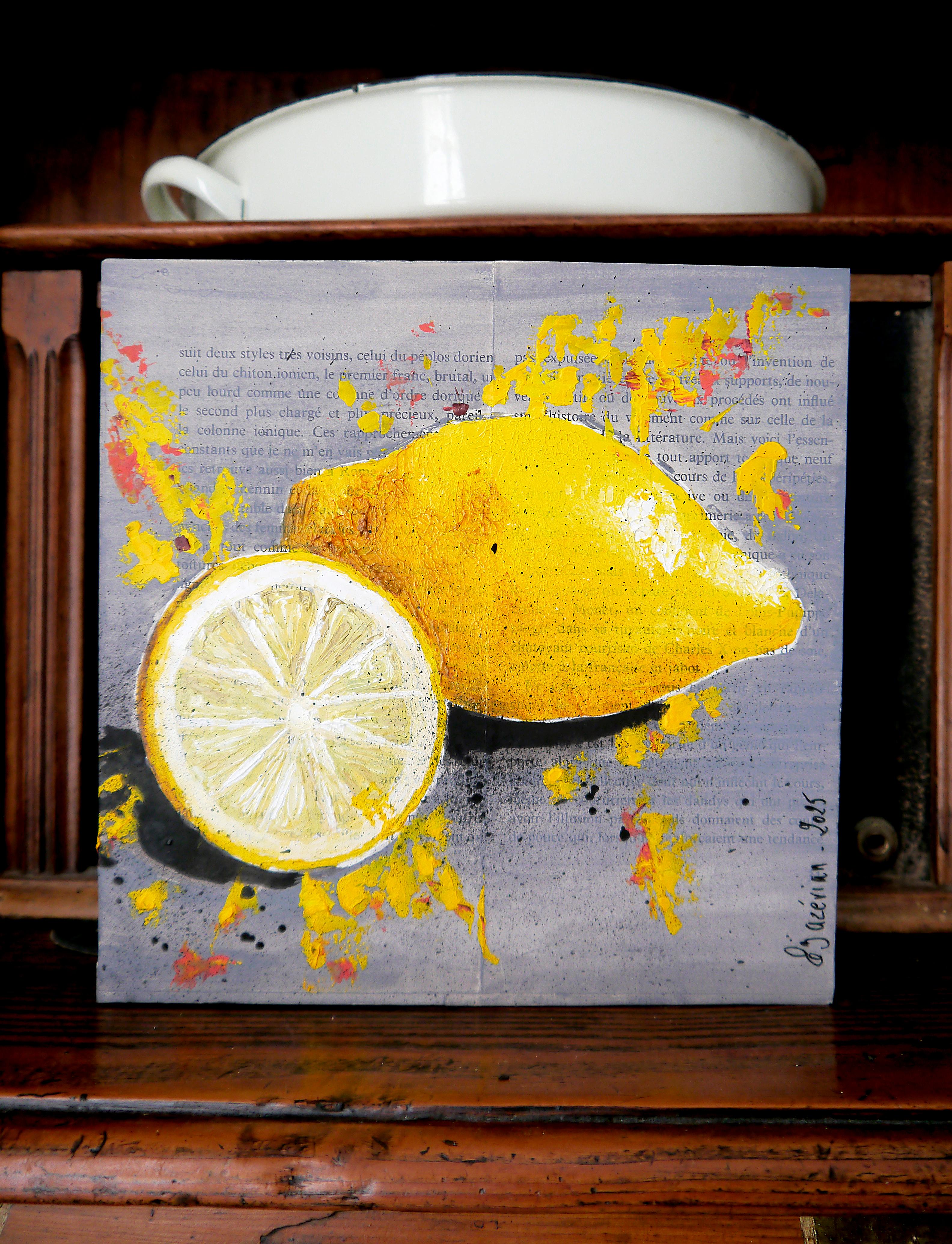 Limone di Starwars ⭐

Questo quadro è una rappresentazione vibrante e strutturata dei limoni, che fonde il realismo con elementi astratti espressivi. 

⏩Soggetto e Composizione⏪
Il dipinto è caratterizzato da due limoni: uno intero e uno tagliato a