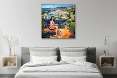 French School Lady in Red in Provençal garden - XXL oil on canvas Signed