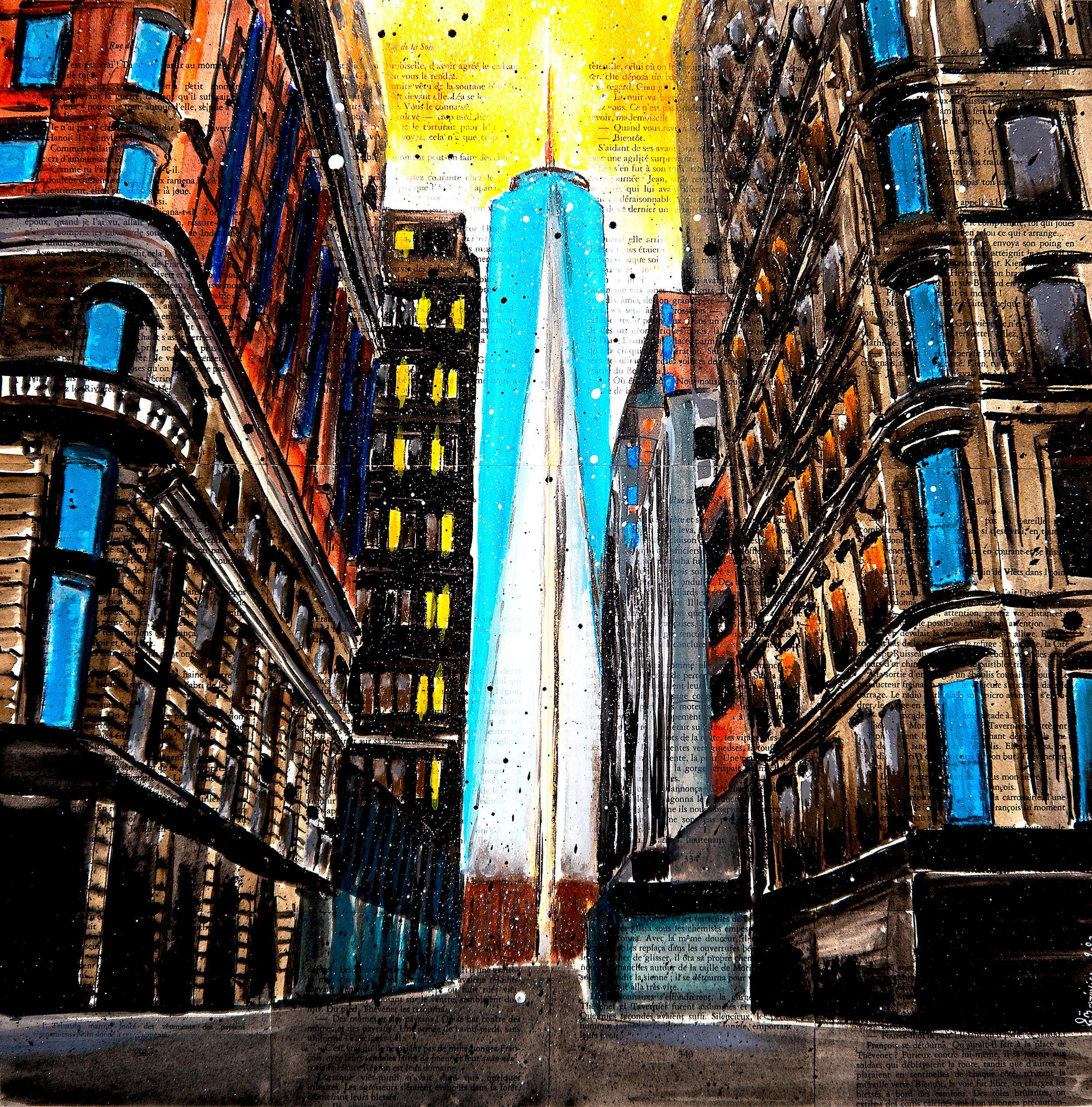 French School Landscape New York WTC Sunset - NYC Building READY TO HANG Signed
