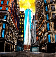 Paysage d'école française à New York, coucher de soleil sur le WTC - Immeuble de New York, PRÊT À ACCROCHER, signé