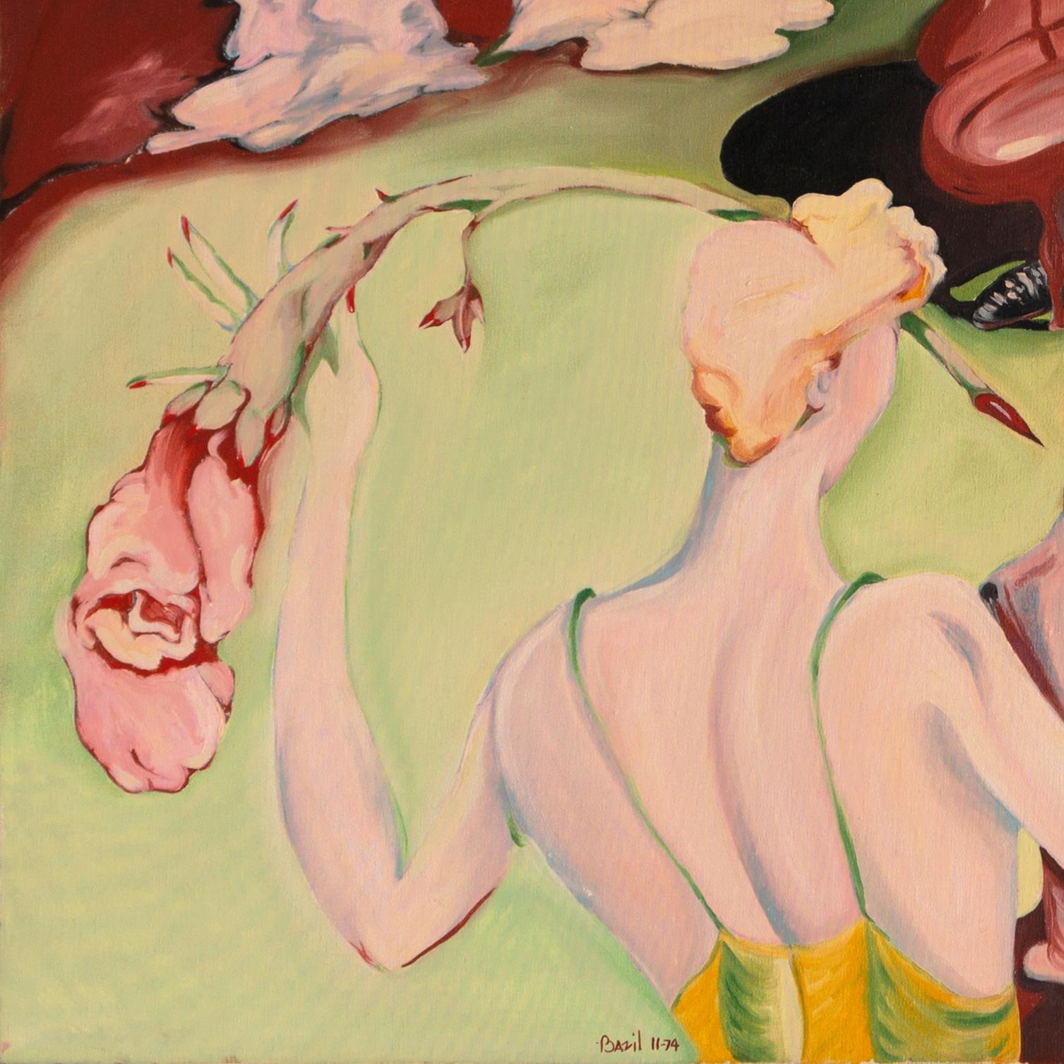 'Eros & Jazz', Large Post Impressionist Figural Oil, Beat Movement, Music, Roses - Beige Figurative Painting by Bazil