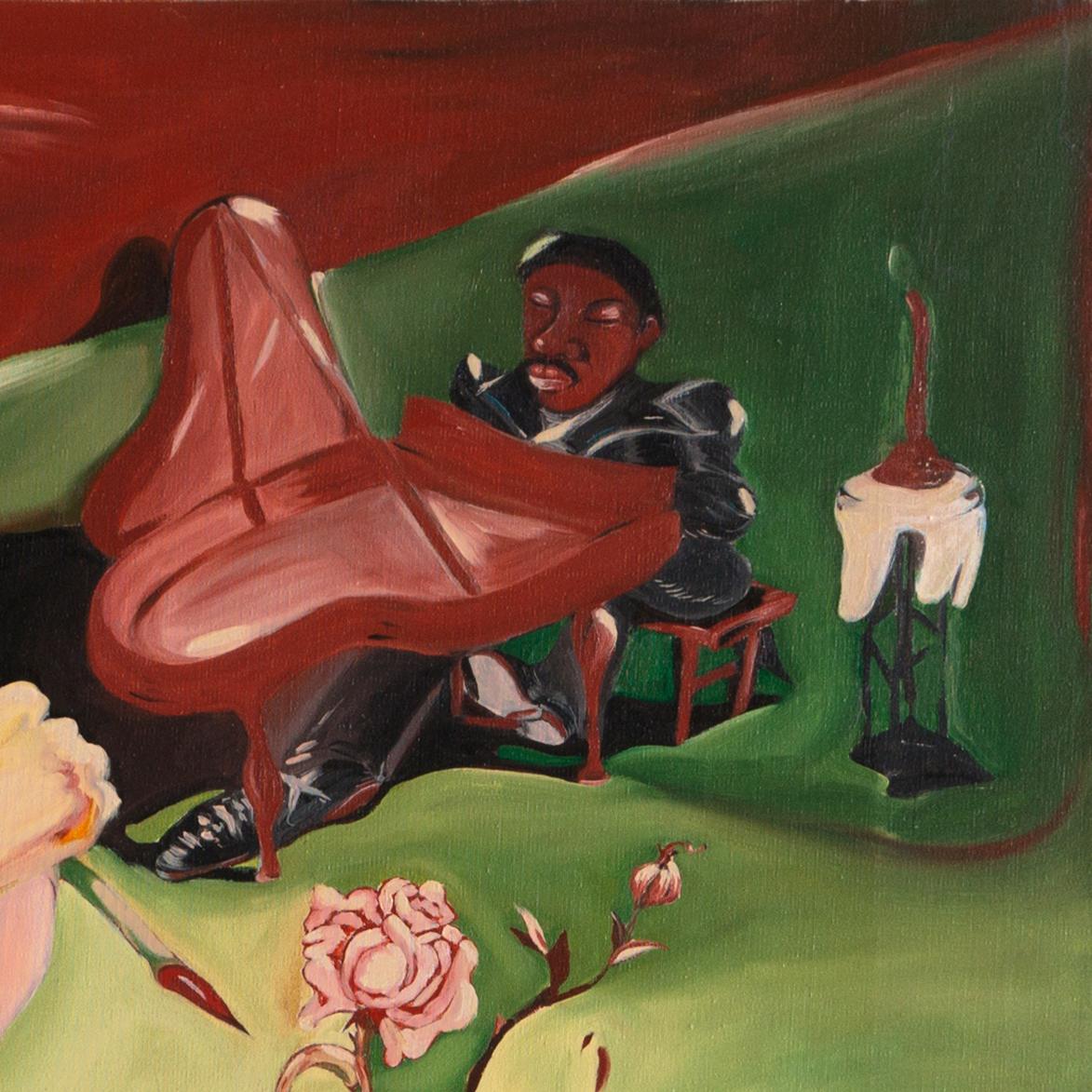 Signed lower center, 'Bazil' and dated November, 1974.

A substantial and lyrical, Post-Impressionist figural oil showing a blonde woman in an evening gown preparing a rose-arrow as a man in a black beret plays piano by candlelight.