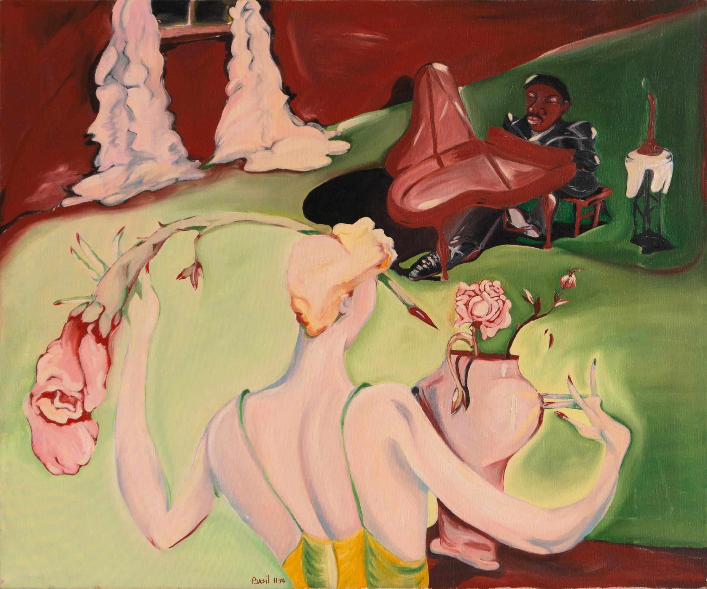 Bazil Figurative Painting - 'Eros & Jazz', Large Post Impressionist Figural Oil, Beat Movement, Music, Roses