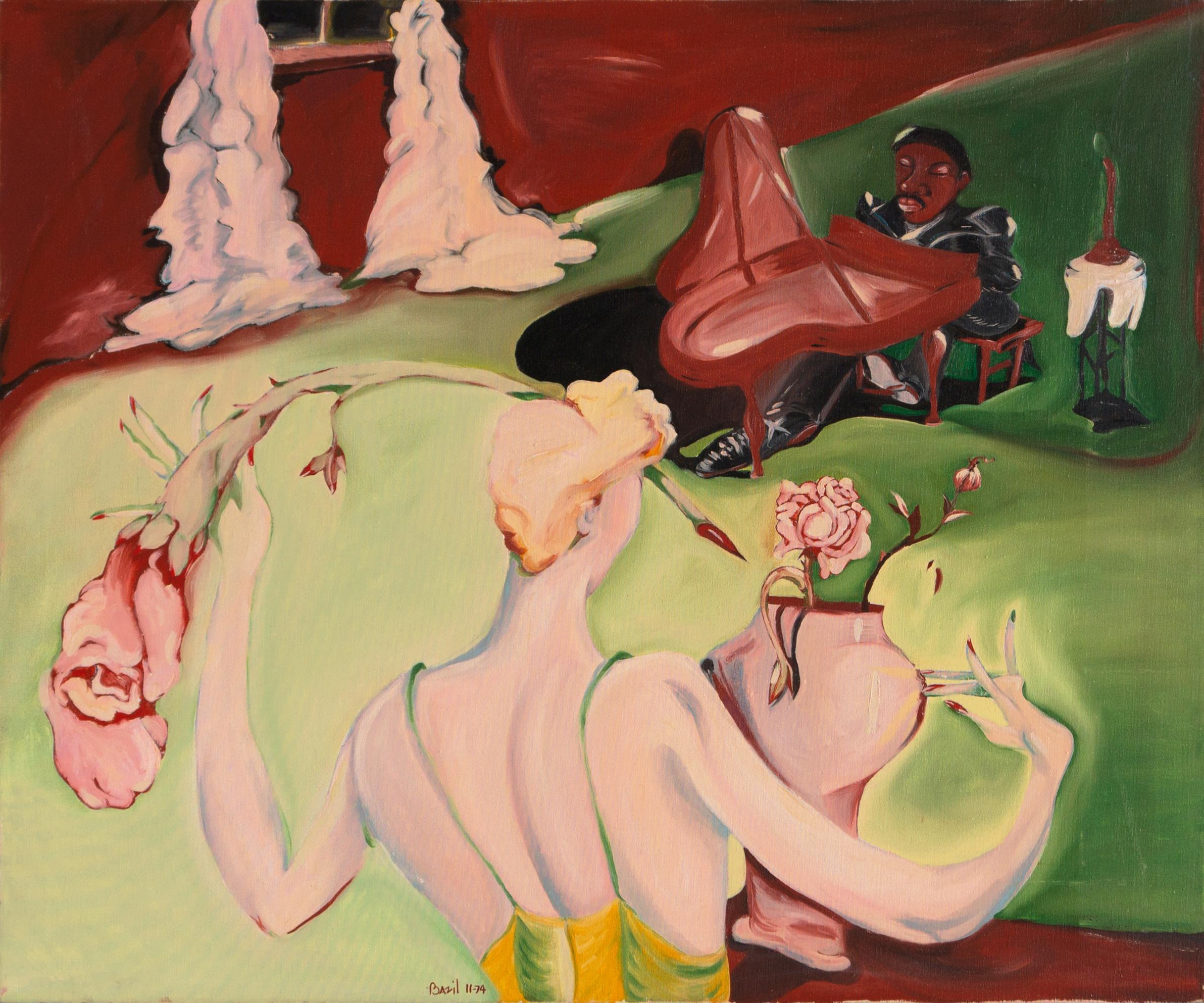 Figurative Painting di Bazil - 'Eros & Jazz', Olio figurato post impressionista di grandi dimensioni, Movimento Beat, Musica, Rose
