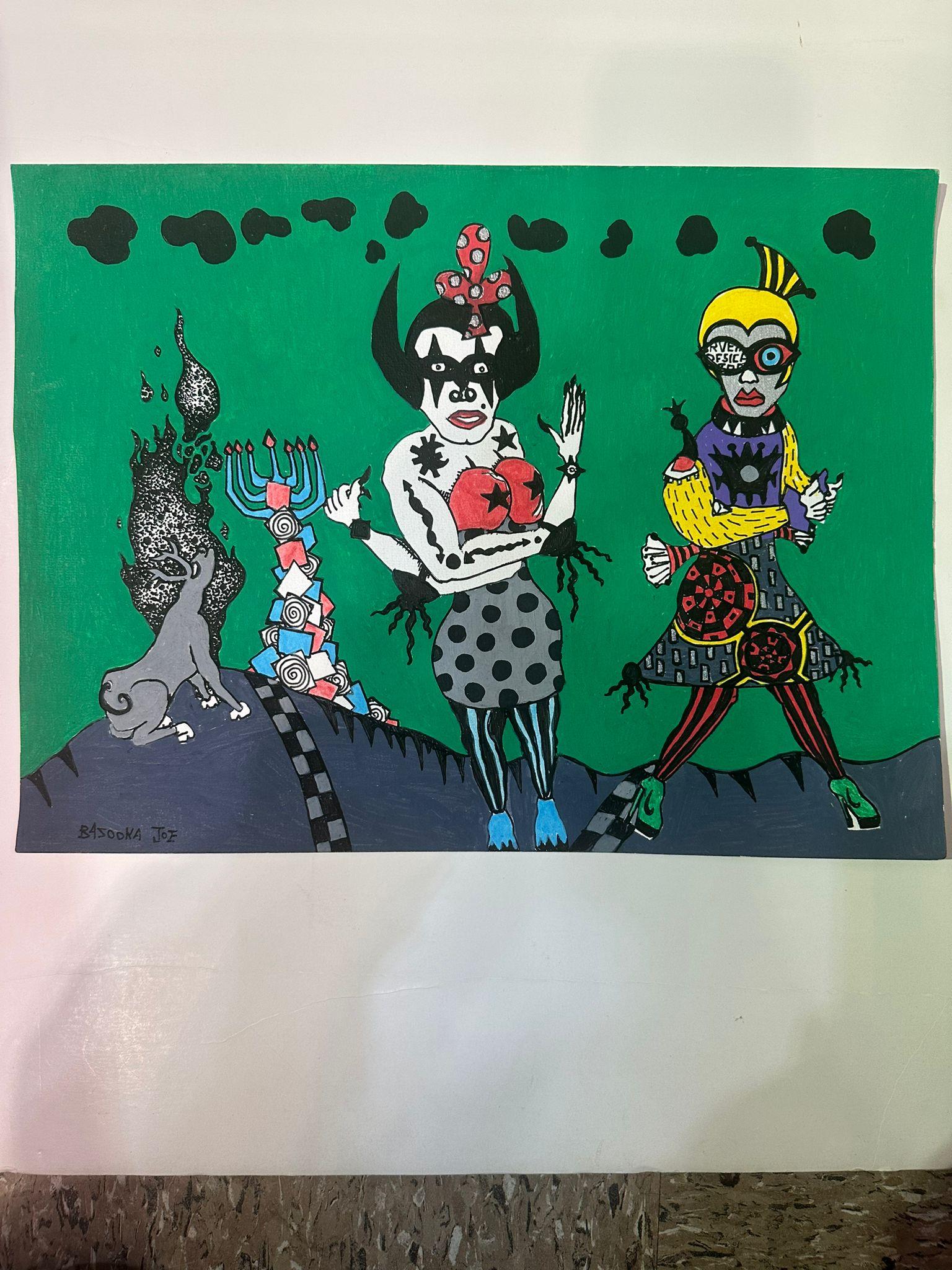 Questo dipinto acrilico su carta dell'artista israeliano Bazooka Joe è una composizione sorprendente e surreale che fonde cultura pop, simbolismo ed estetica psichedelica. La scena si svolge su un vivace sfondo verde, con figure e oggetti delineati