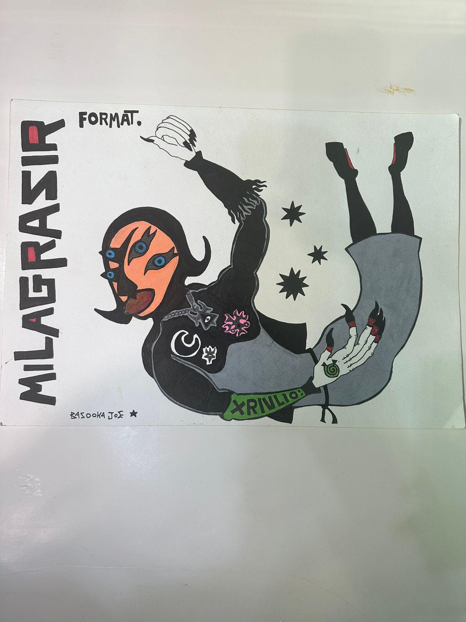 This acrylic on paper artwork by Israeli artist Bazooka Joe is a striking piece that blends surrealism, street art aesthetics, and underground comic influences. The composition features a dynamically contorted figure in black attire, suspended in