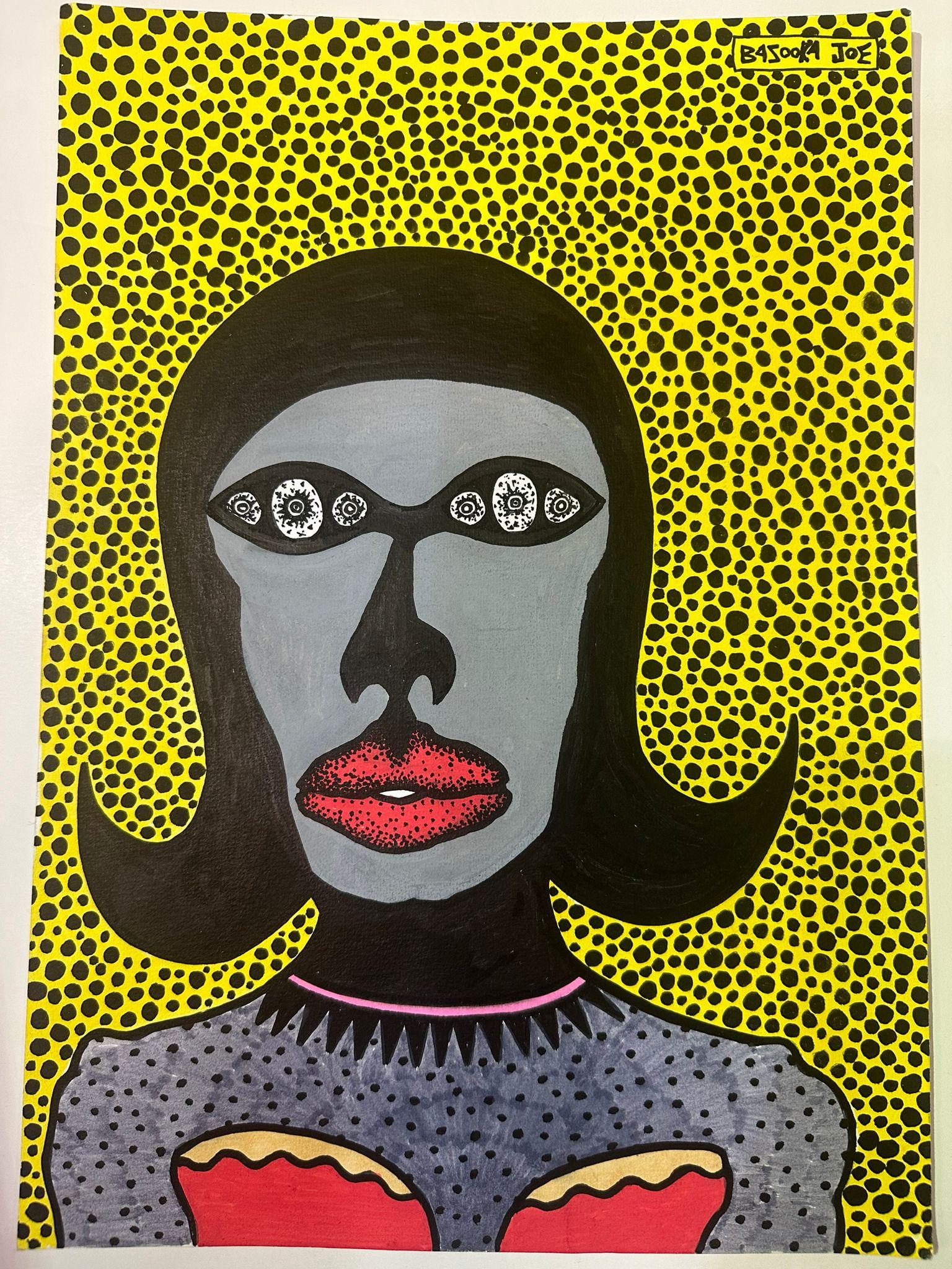 This acrylic on paper painting by the Israeli artist Bazooka Joe exhibits a surreal and pop-inspired aesthetic. The portrait features a stylized face painted in muted gray tones, with exaggerated facial features that distort traditional