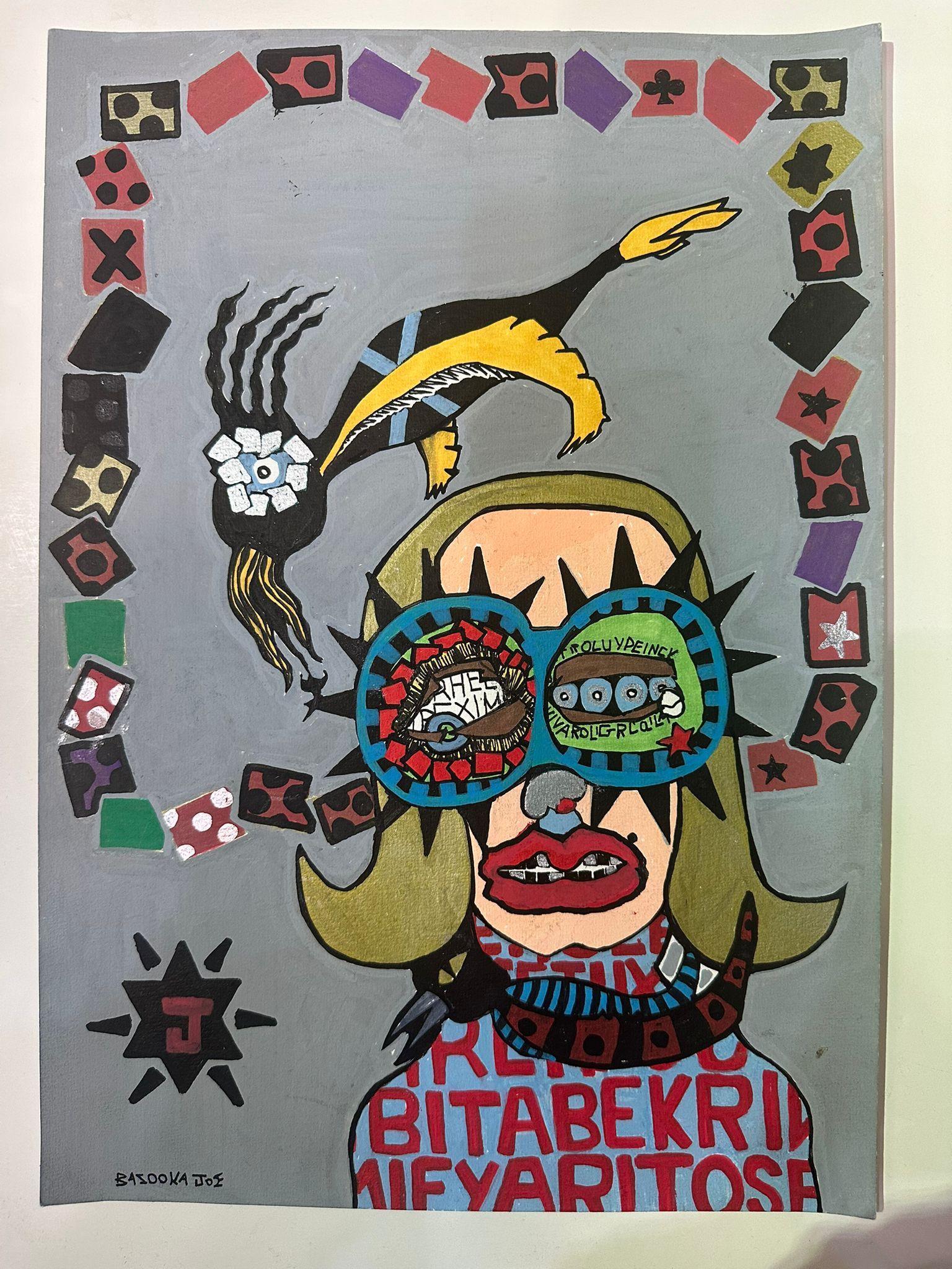Dieses Werk des israelischen Künstlers Bazooka Joe in Acryl auf Papier ist ein energiegeladenes und visuell auffälliges Werk, das Elemente der Pop Art, der Street Art und des Surrealismus miteinander verbindet. Die zentrale Figur, das verzerrte