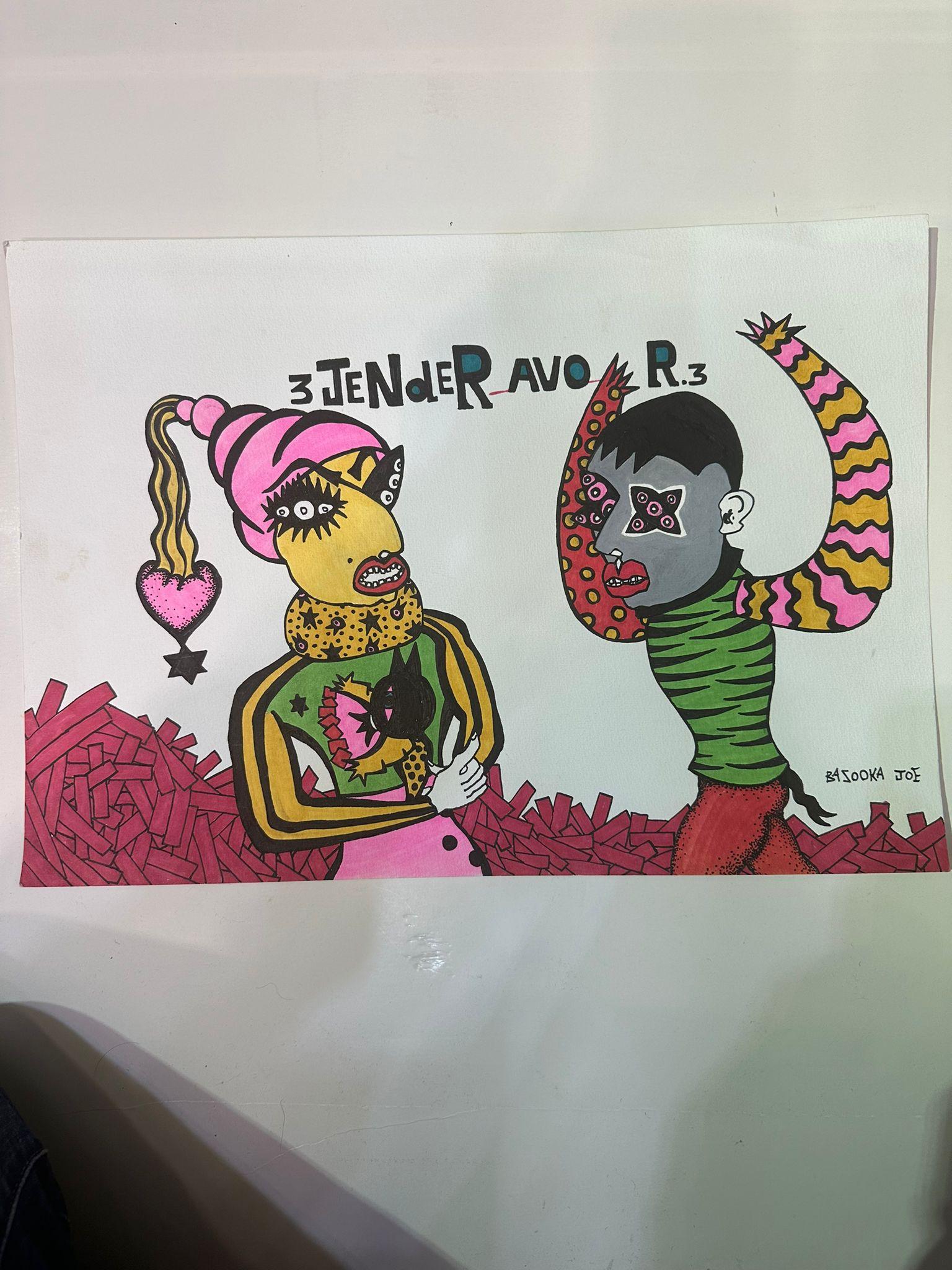 Dieses Acryl-auf-Papier-Kunstwerk des israelischen Künstlers Bazooka Joe zeigt eine surreale und expressionistische Komposition mit zwei verzerrten, stilisierten menschlichen Figuren, die in kräftigen Farben und komplizierten Mustern dargestellt