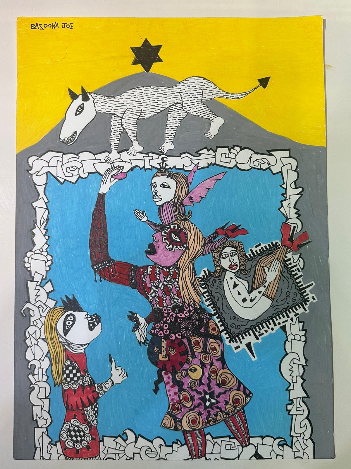 This acrylic-on-paper painting by Israeli artist Bazooka Joe is a striking composition that blends surrealism, street art, and symbolic storytelling. The work is built upon bold black outlines filled with vibrant hues, creating a dynamic and