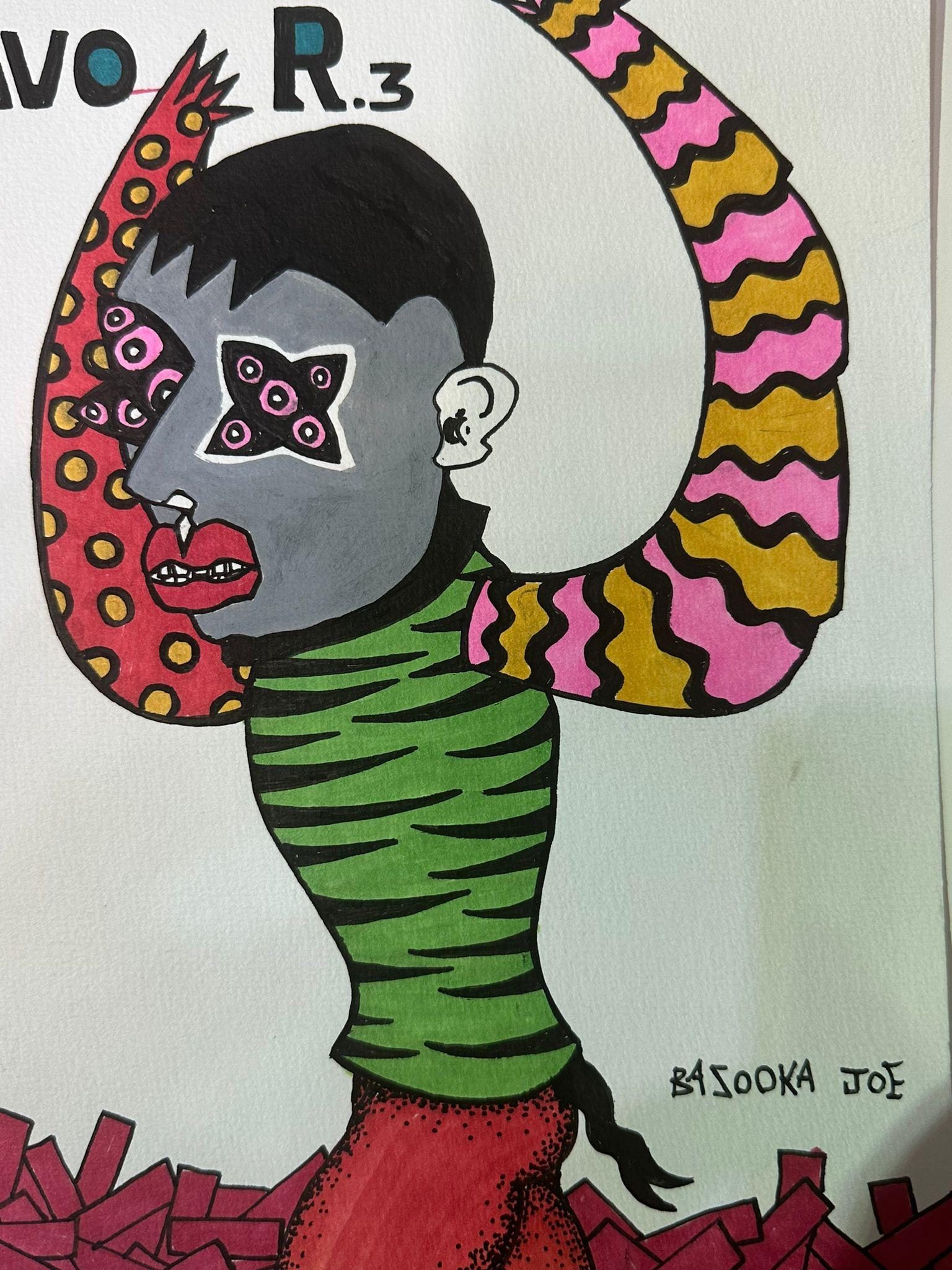 Bazooka Joe, Ohne Titel, atemberaubende Zeichnung aus Acryl auf Papier (Postmoderne) im Angebot