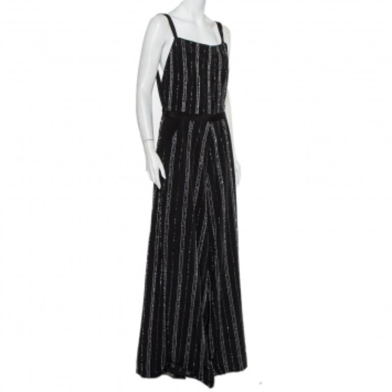 Bazza Alzouman Black Silk Sequin Embellished Open Back Wide Leg Jumpsuit L For Sale 1