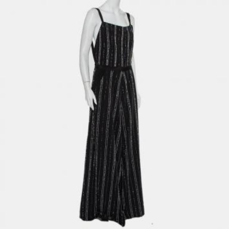 Bazza Alzouman Black Silk Sequin Embellished Open Back Wide Leg Jumpsuit L For Sale 2